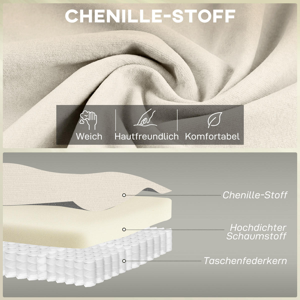 2-SITZER-SOFA DE-06580 mit doppellagiger Polsterung & Federkissen Creme - Creme, Textil/Metall (146/95/84cm) - ComfortXL