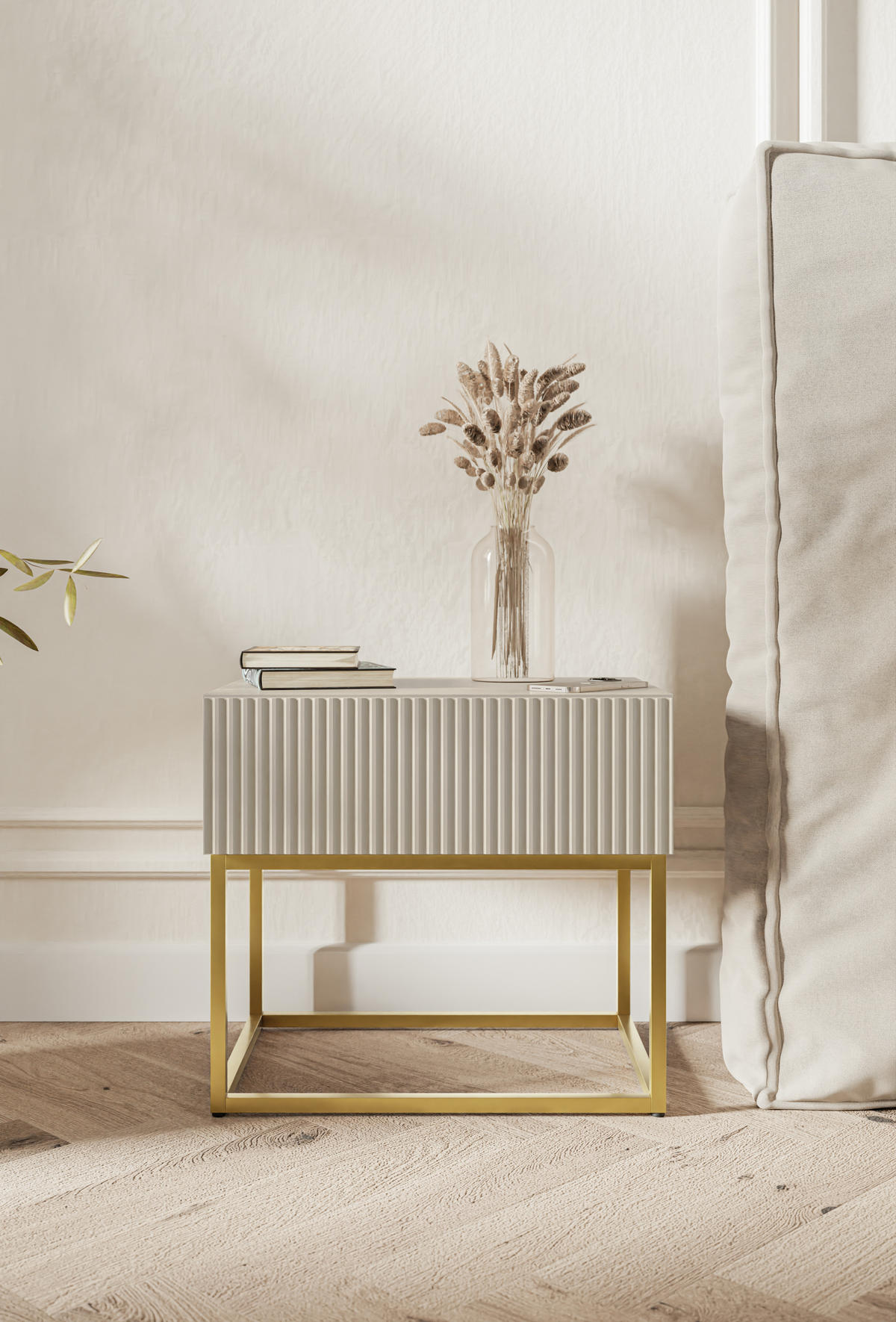 NACHTSCHRANK Veldio Graubeige mit goldenen Metallbeinen 50 cm - Greige/Goldfarben, Holzwerkstoff/Metall (50/44/35.6cm) - Selsey