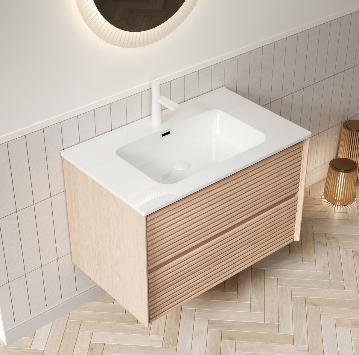 WASCHTISCHUNTERSCHRANK mit Keramikbecken 81 cm Natur/Weiß - Weiß, Holz (46.5/51.5/81cm) - Beauniv