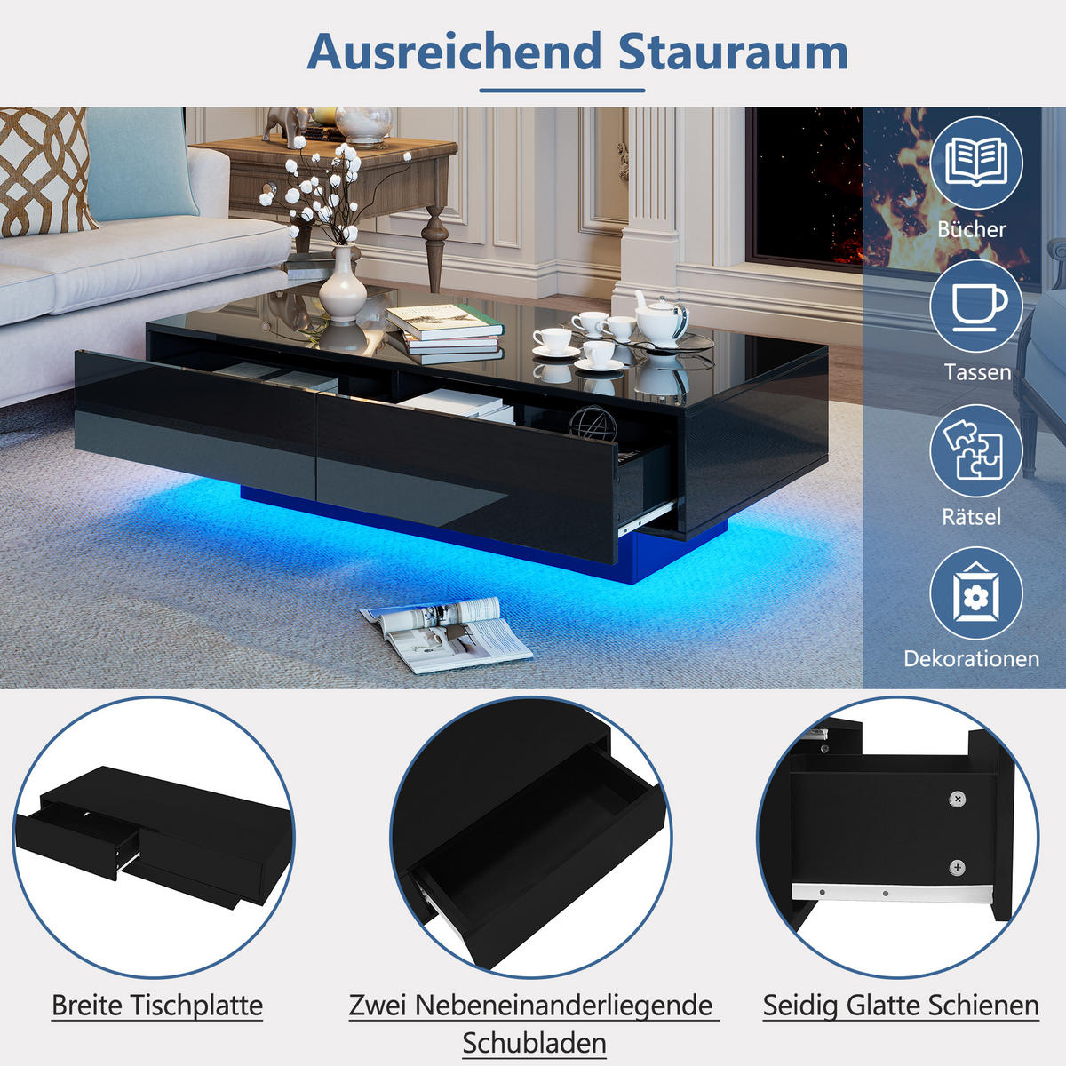 COUCHTISCH DE-185 Schwarz mit LED und 2 Schubladen - Schwarz, Holzwerkstoff (55/115/34cm) - ComfortXL