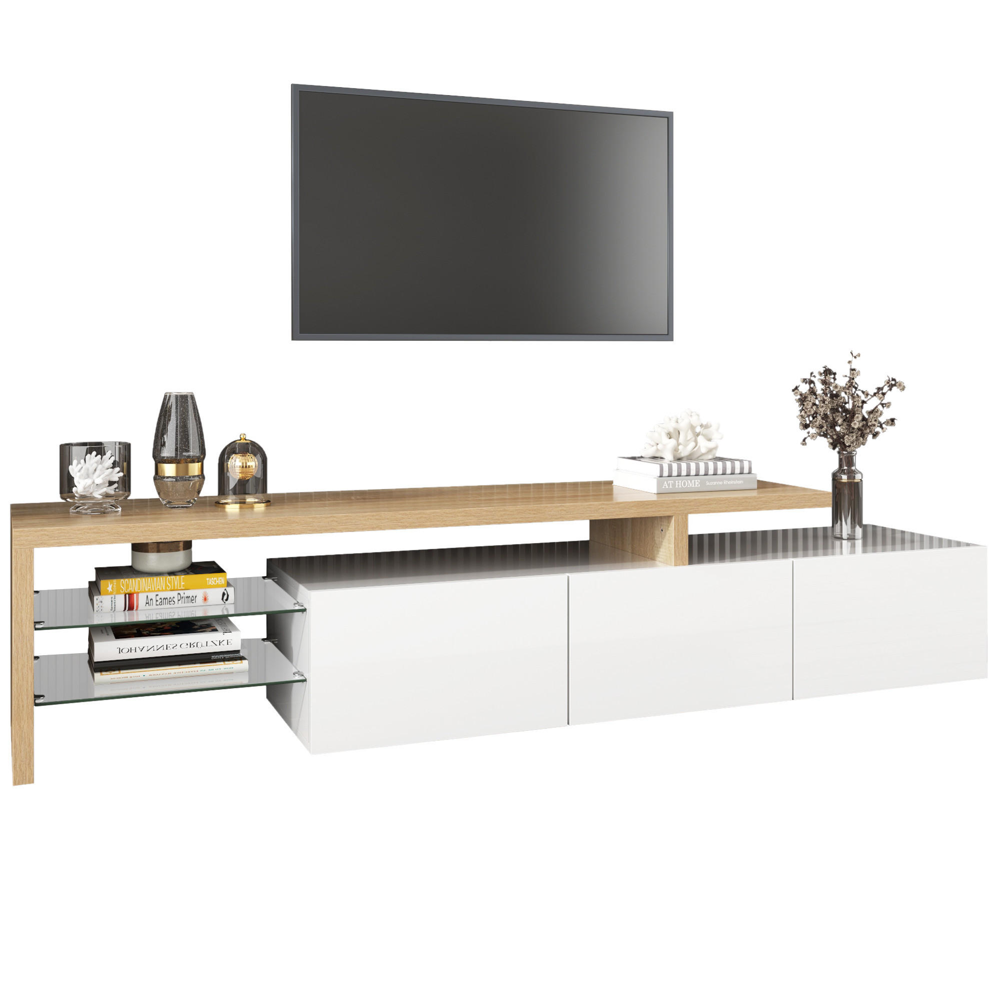 TV-LOWBOARD 197,5/39/42 cm mit 3 Türen und LED-Beleuchtung - Weiß, Holzwerkstoff (197.5/42/39cm) - BEAOK