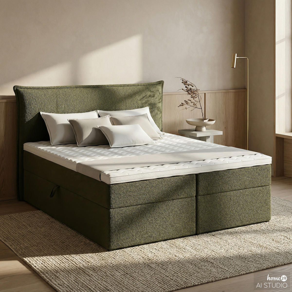BOXBETT mit Stauraum - Bouclé - Olivgrün, Holzwerkstoff/Textil (180/200cm) - home24