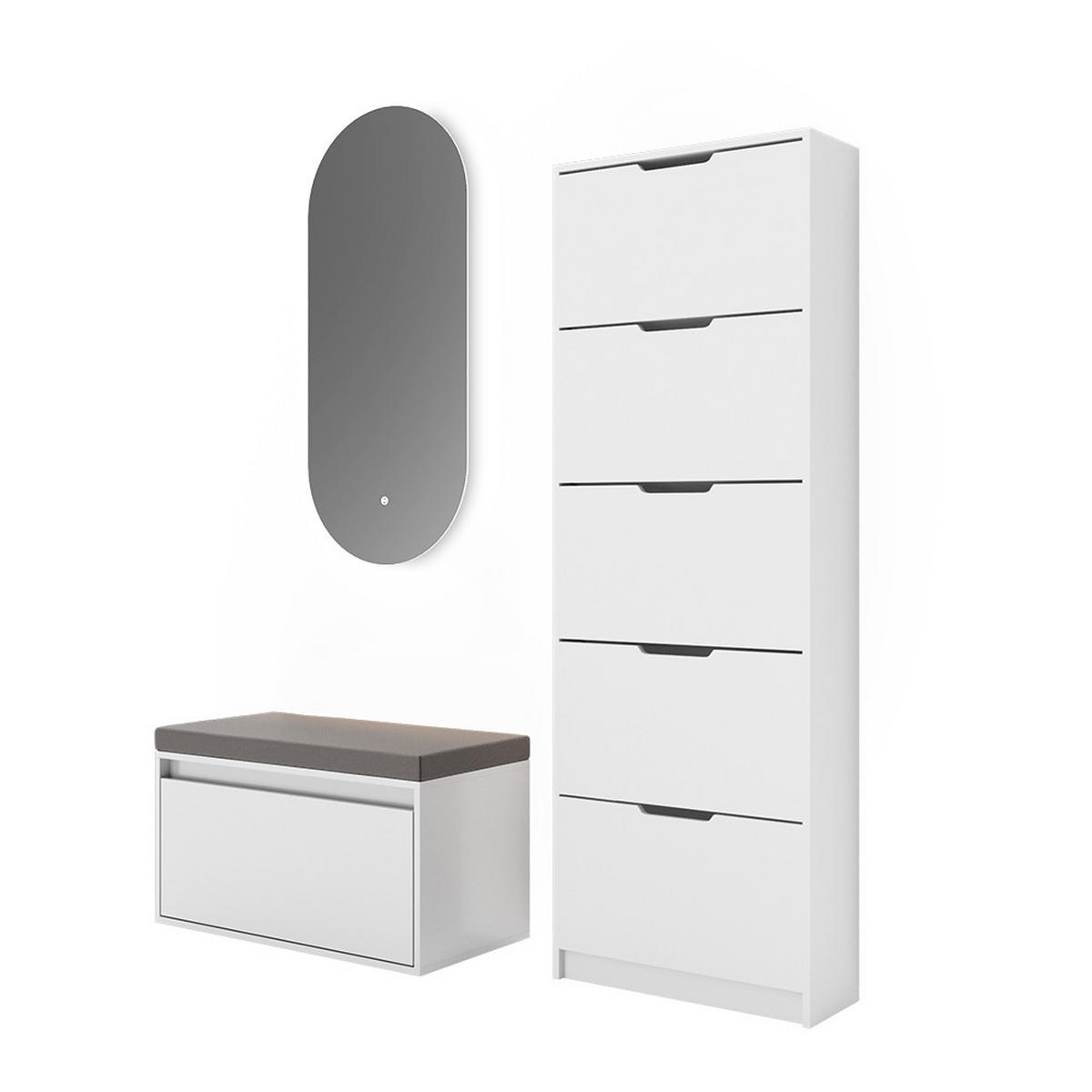 SCHUHKIPPER Luca Weiß 3 Teile, mit LED Spiegel und Sitzbank - Weiß, Holzwerkstoff (59/169/22cm) - Vicco