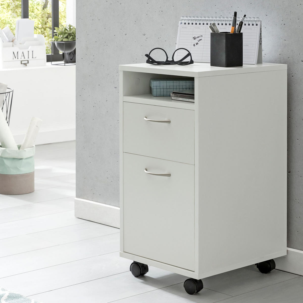 ROLLCONTAINER – Weiß, Schreibtischcontainer, viel Stauraum, Rollen, modern - Schwarz/Weiß, Holz/Kunststoff (33/63/38cm) - KADIMA DESIGN