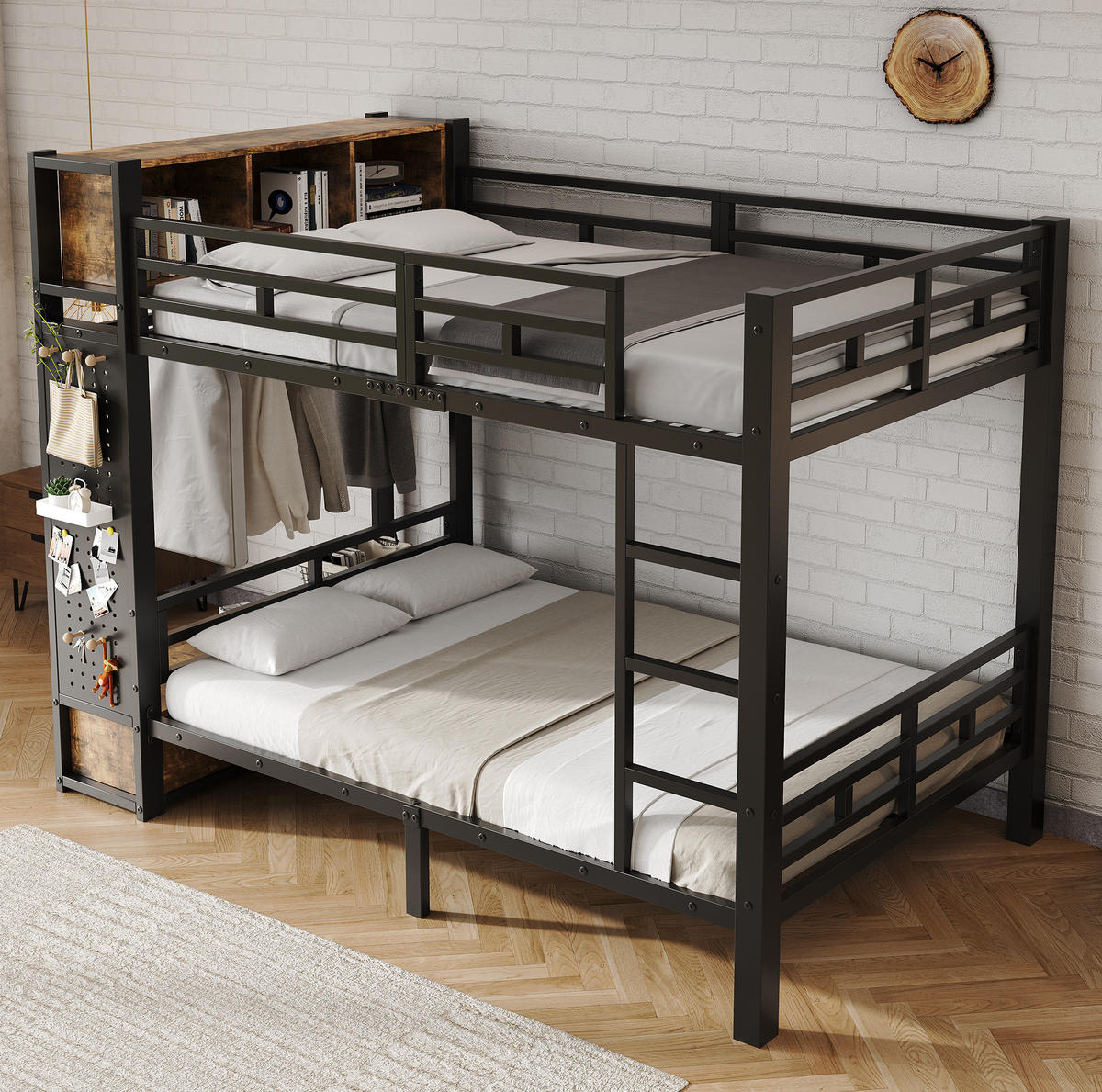 ETAGENBETT 120x200 cm in Schwarz/Dunkelnussbaum mit Stauraum und Kleiderstange - Schwarz, Metall (120/200cm) - IVMEU