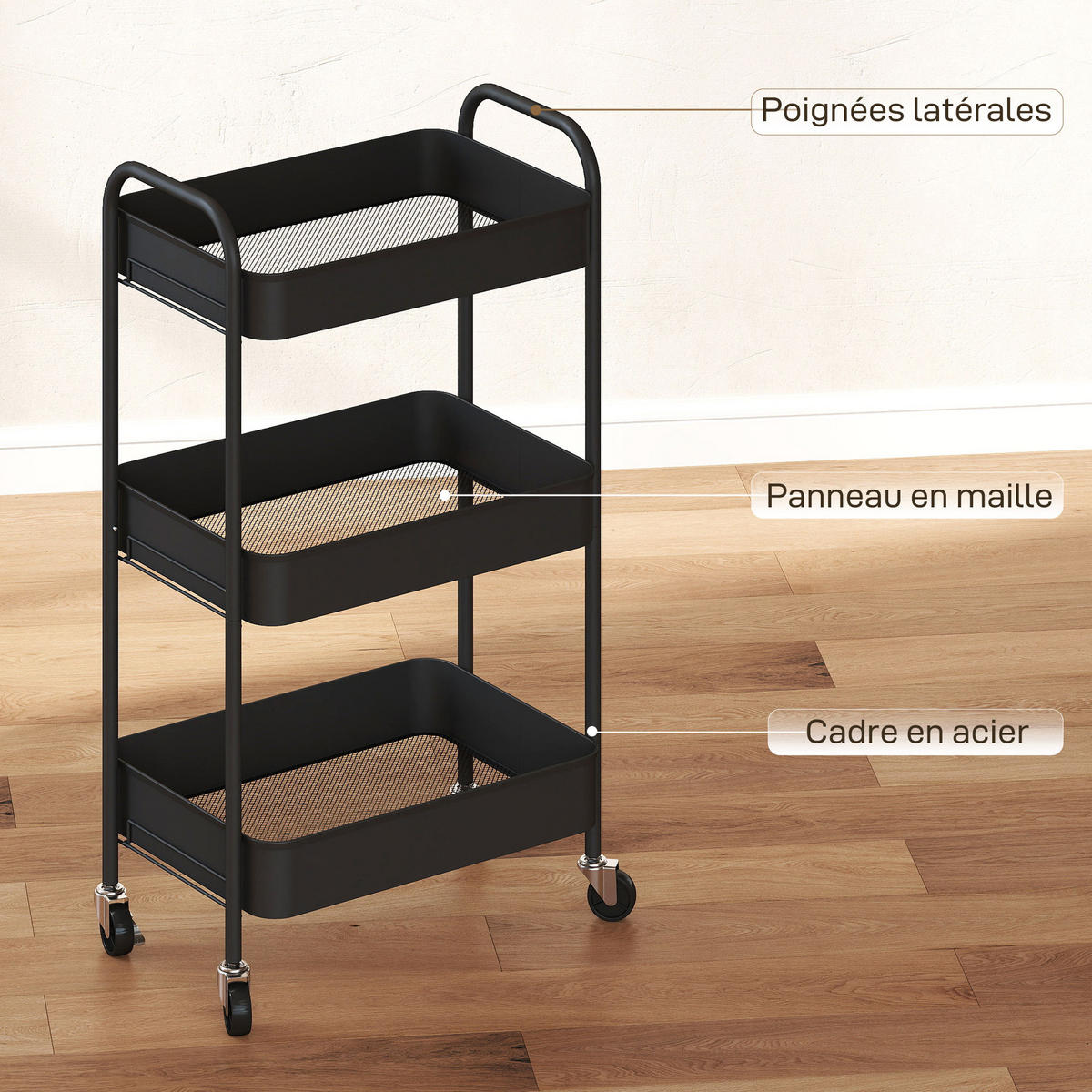 SERVIERWAGEN DE-12542 3 Gitterablagen 45/30,6/79 cm Schwarz - Weiß, Metall (30.6/79/45cm) - ComfortXL