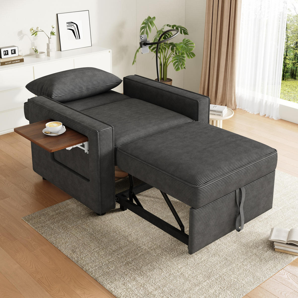 SCHLAFSOFA aus Cord 93x150x85 cm Grau mit USB-, Type-C-Anschluss, 360°-Handyhalter und Beistelltisch - Grau, Textil (150/85/93cm) - Modfu