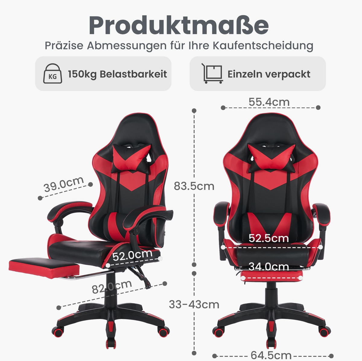DREHSTUHL B64 / T58 / H116.5-126 cm, Rennsport-Design, gepolstertes PVC-Leder, höhenverstellbar und drehbar, Schwarz/Rot - Rot, Kunststoff (58/116.5/64.5cm) - Redom