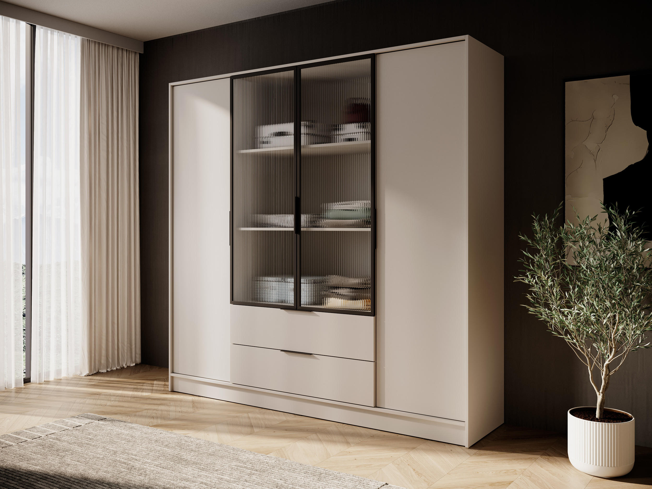 DREHTÜRENSCHRANK - Sevia Kaschmir – mit Vitrine in der Mitte - Kaschmir, Holzwerkstoff (206/200/51cm) - Möblo
