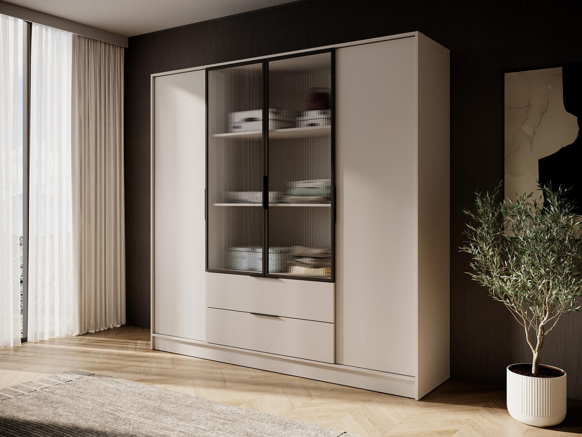 DREHTÜRENSCHRANK - Sevia Kaschmir – mit Vitrine in der Mitte - Kaschmir, Holzwerkstoff (206/200/51cm) - Möblo