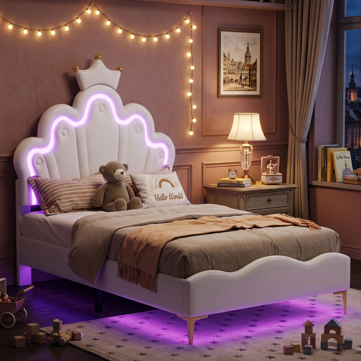 ČALOUNĚNÁ POSTEL 90x200 cm, princeznovský design, PU kůže s LED - bílá, kůže (90/200cm) - Urban Meuble