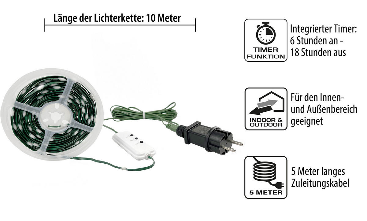 LED-EFFEKTLICHTERKETTE - mit Musiksensor, 100 Mikro-LEDs, IP44 wetterfest für Innen und Außen, 10m Länge - Grün, Kunststoff (100cm) - Northpoint