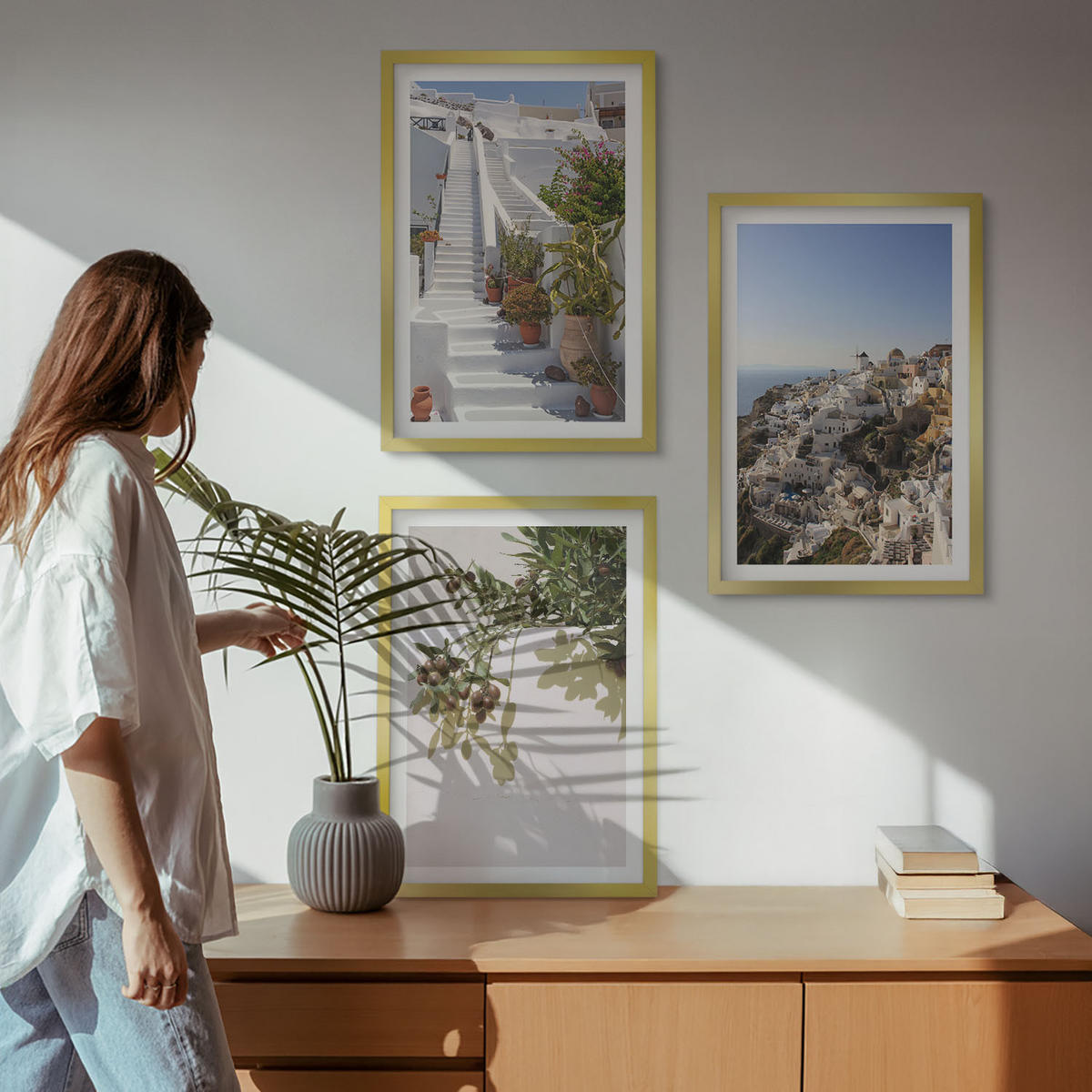 BILDER SET 3er Set - 40x60 cm Goldrahmen - Weiße Treppe mit Blick auf Santorini - Goldfarben, Kunststoff (40/60cm) - TULUP