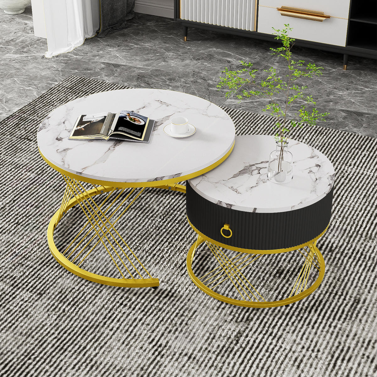 COUCHTISCH 2er-Set ineinander verschachtelbar Marmoroptik Weiß Gold - Weiß, Metall (70/70/45cm) - Meubliv