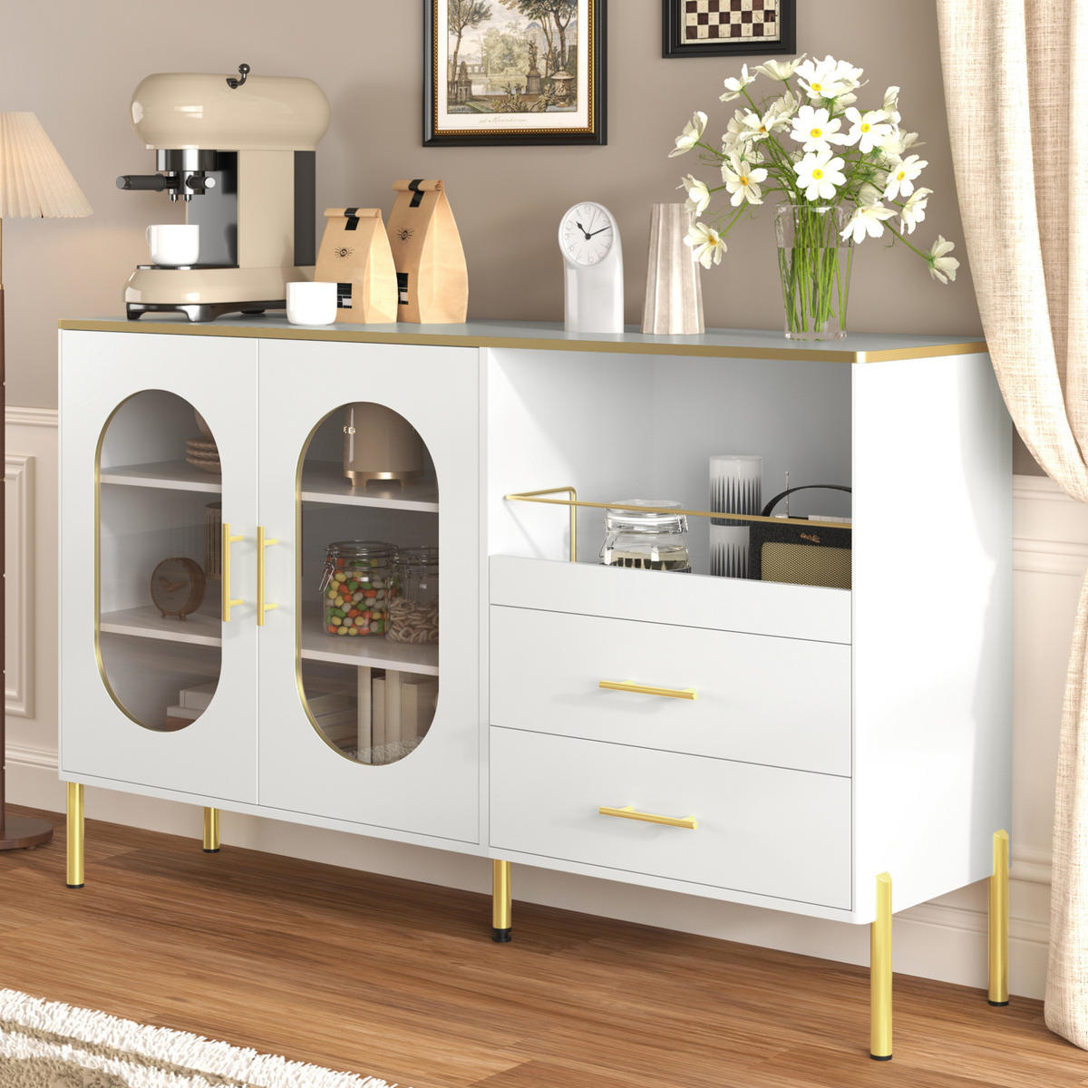 KOMMODE aus MDF 140x38x90cm in Weiß mit Schubladen & Glastüren - Weiß, Holzwerkstoff (140/90/38cm) - Modfu