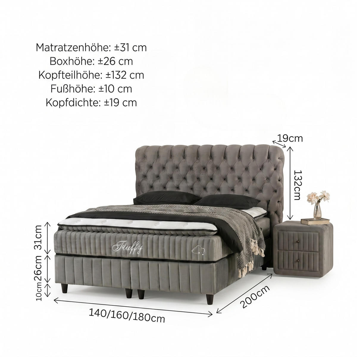 BOXBETT Fluffy Set Nature Boxspringbett 180x200 mit Matratze inkl. Lieferung - Anthrazit, Holz (180/200cm) - Gowoll