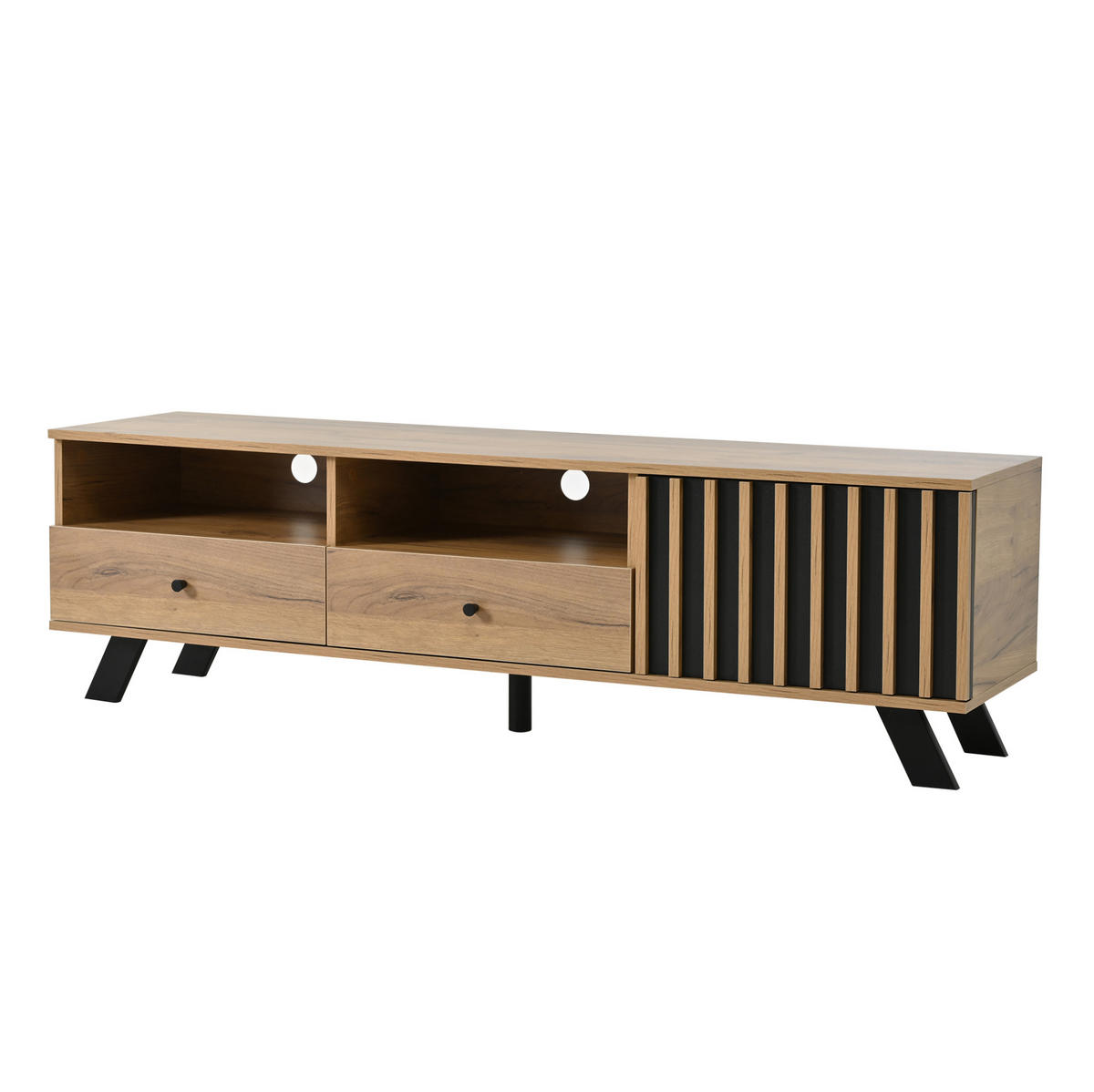 TV ormarić 150/38/44 cm prirodna boja drva i crni od iverice s 2 ladice i ormarićem - prirodne boje, drvni materijal (150/44/38cm) - OKWISH