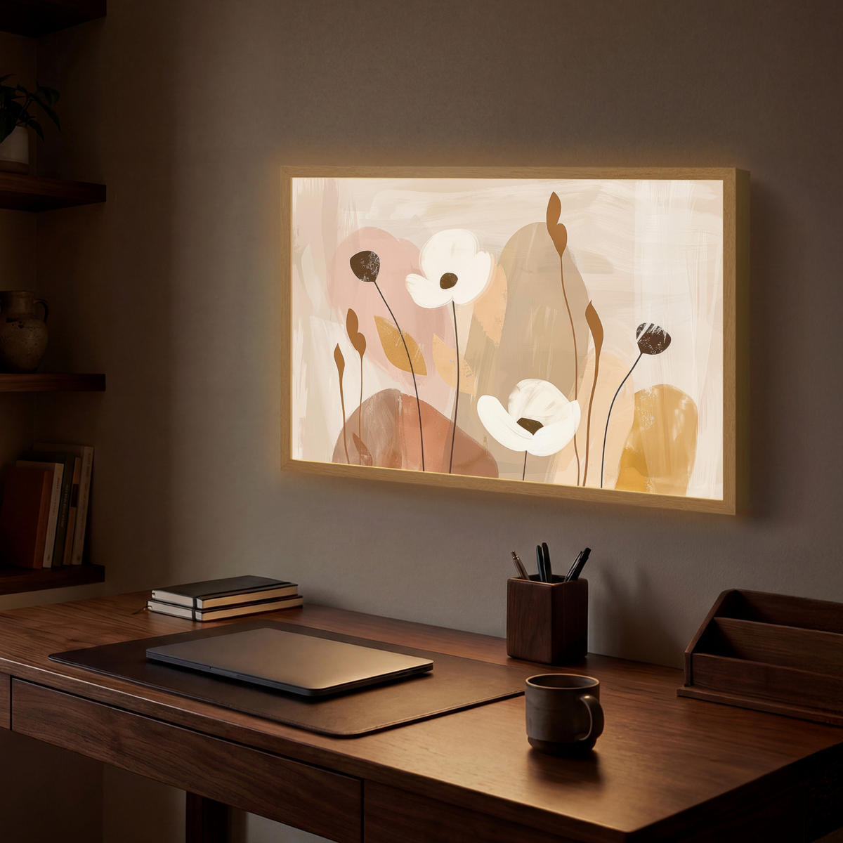 WANDLEUCHTE MIT AKKU Blumen - Abstrakt - Beige - Strichzeichnung 60x40 cm - Sandfarben, Holzwerkstoff (60/40/8cm) - OnlyWow