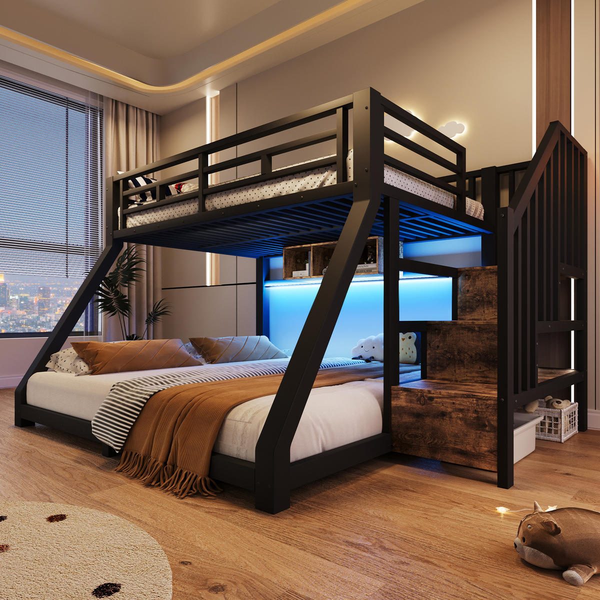 ETAGENBETT 90/200 cm & 140/200 cm in Schwarz mit LED und 3 Staufächern - Schwarz, Holzwerkstoff/Metall (90/200cm) - WISHDOR
