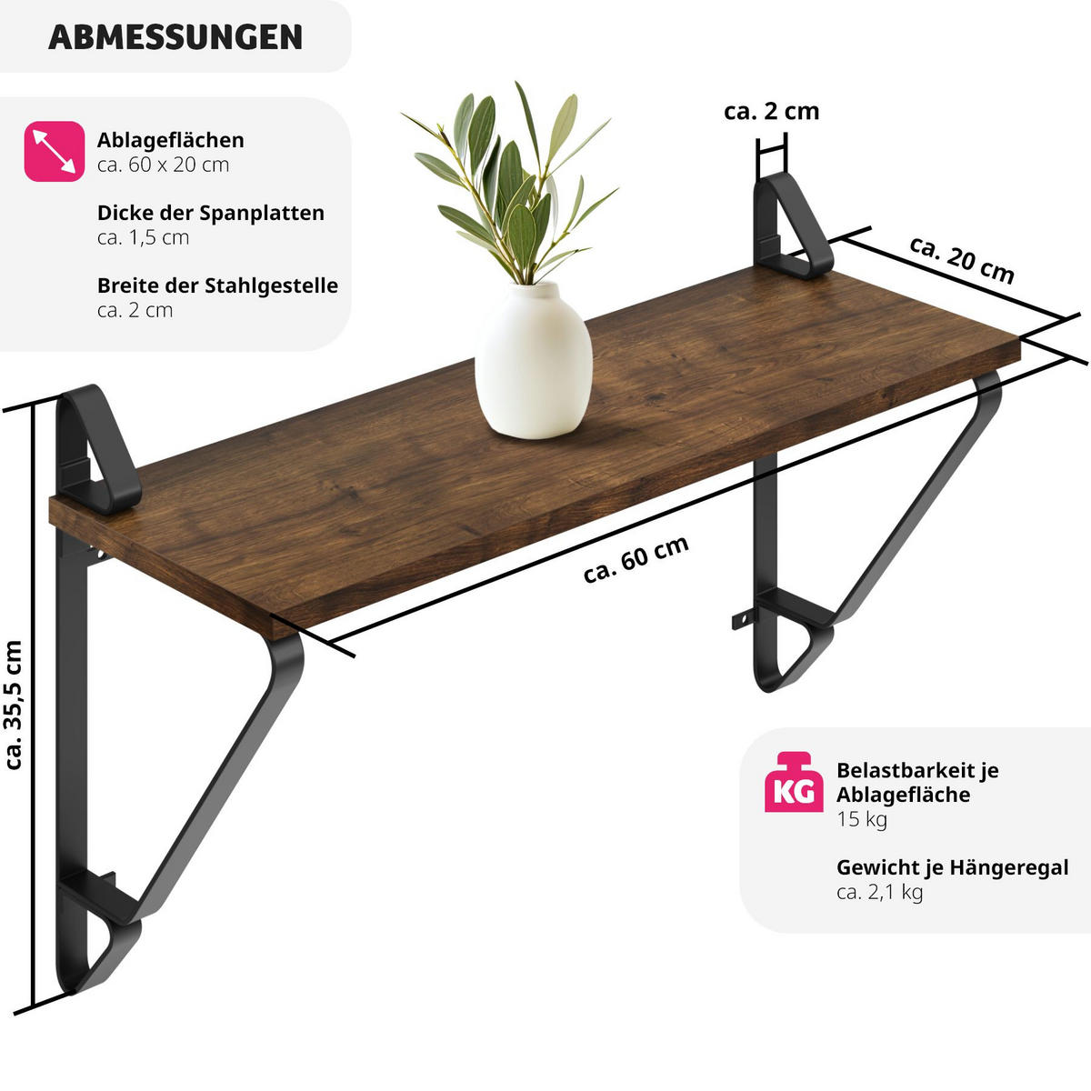 WANDREGAL 2er Set Irvine,60 x 20 x 33,5 cm,Industrial Holz dunkel, rustikal - Rostfarben, Holzwerkstoff (20/33.5/60cm) - tectake