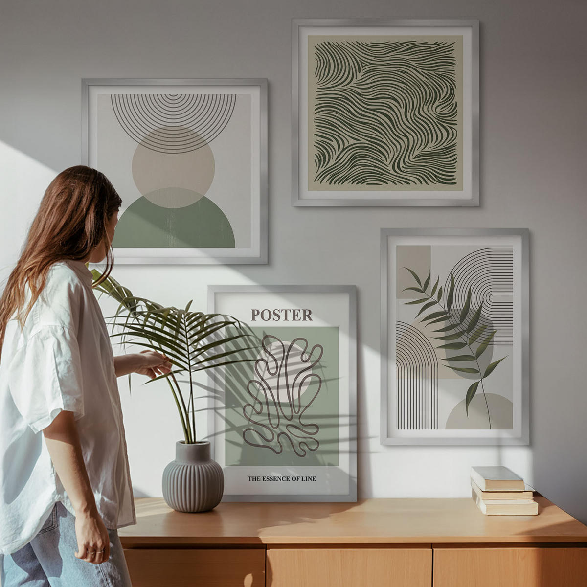 BILDER SET 4er Set - 50x50 cm & 40x60 cm Silberner Rahmen - Geometrische botanische Muster - Silberfarben, Kunststoff (50/50cm) - TULUP