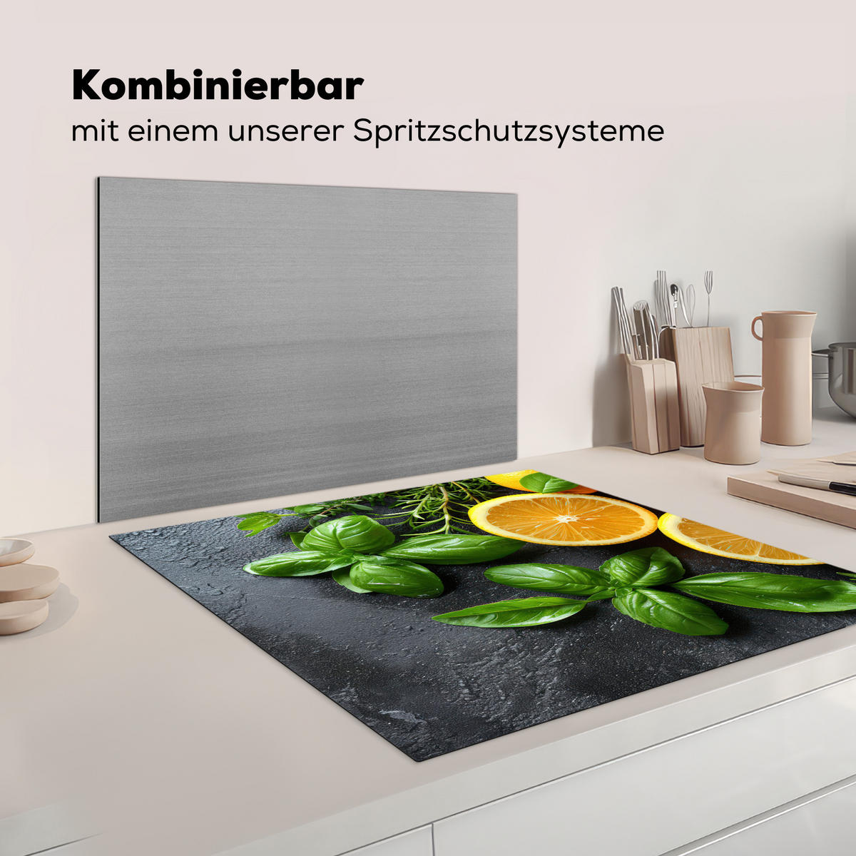 HERDABDECKPLATTE Obst - Grau - Konkret - Orange - Pflanzen Induktionsmatte 78x78 cm - Anthrazit, Kunststoff (78/78/0.2cm) - MuchoWow