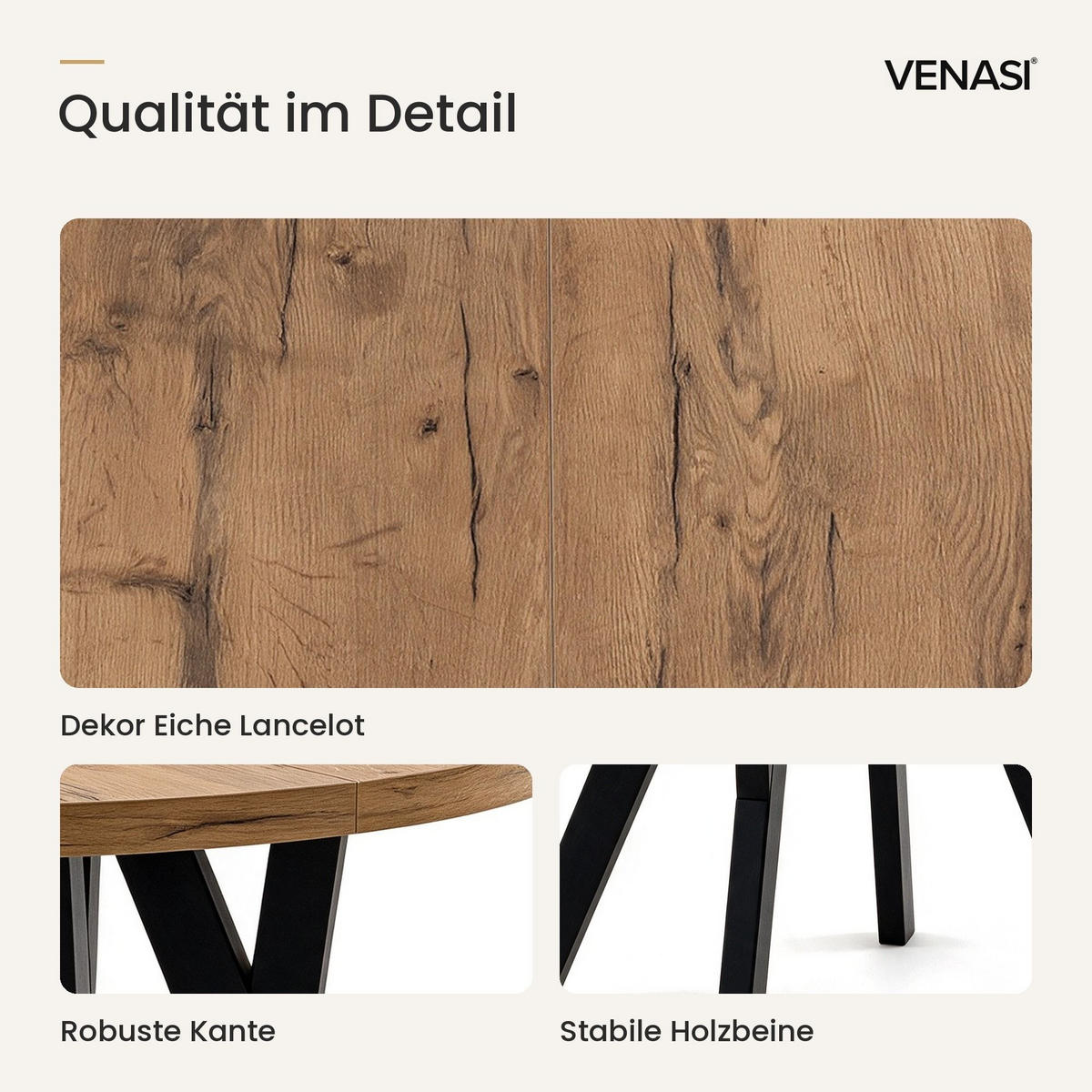 ESSTISCH ausziehbar rund 90-190 cm ATO Lancelot, Auszugstisch mit Einlegeplatte - Honigeiche/Schwarz, Holzwerkstoff (90/90/77cm) - VENASI MÖBEL