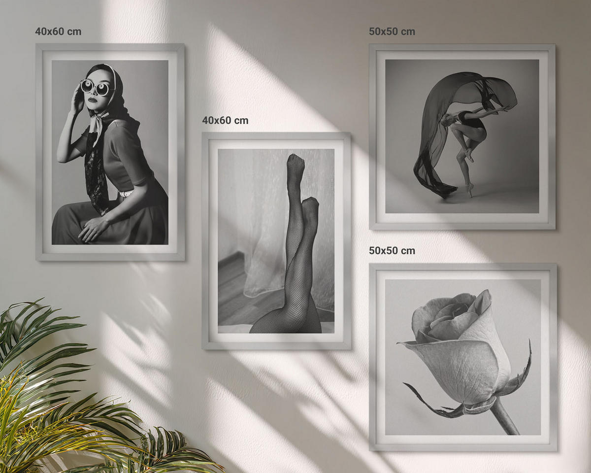 BILDER SET 4er Set - 50x50 cm & 40x60 cm Silberner Rahmen - Stilvolle Porträts eleganter Frauen - Silberfarben, Kunststoff (50/50cm) - TULUP