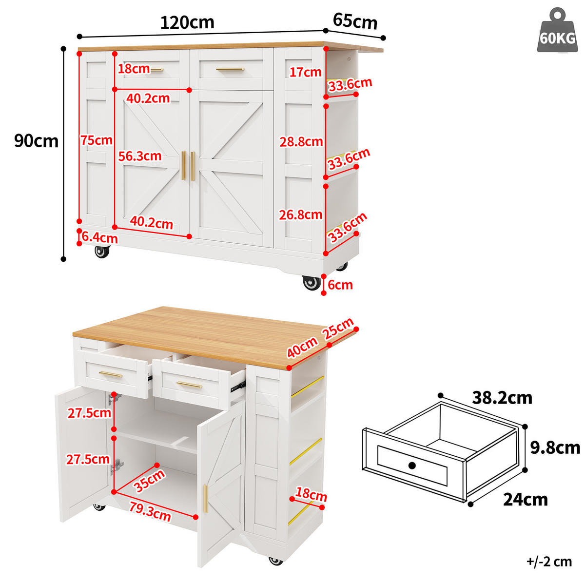 KUHINJSKI otok 120/40/90 cm z zložljivo ploščo, 2 predaloma in MDF korpusom, Bela - bela, leseni material (120/90/65cm) - Redom