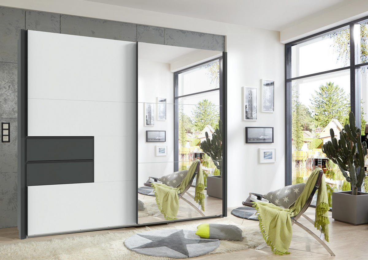 SCHWEBETÜRENSCHRANK B262/H216/T65 cm, Korpus+Passepartout+Schubladen Grafit, Türen Weiß / Spiegel, inkl. Vollausstattung / 22059 - Schwarz/Graphitfarben, Holzwerkstoff/Metall (262/216/65cm) - luma-home