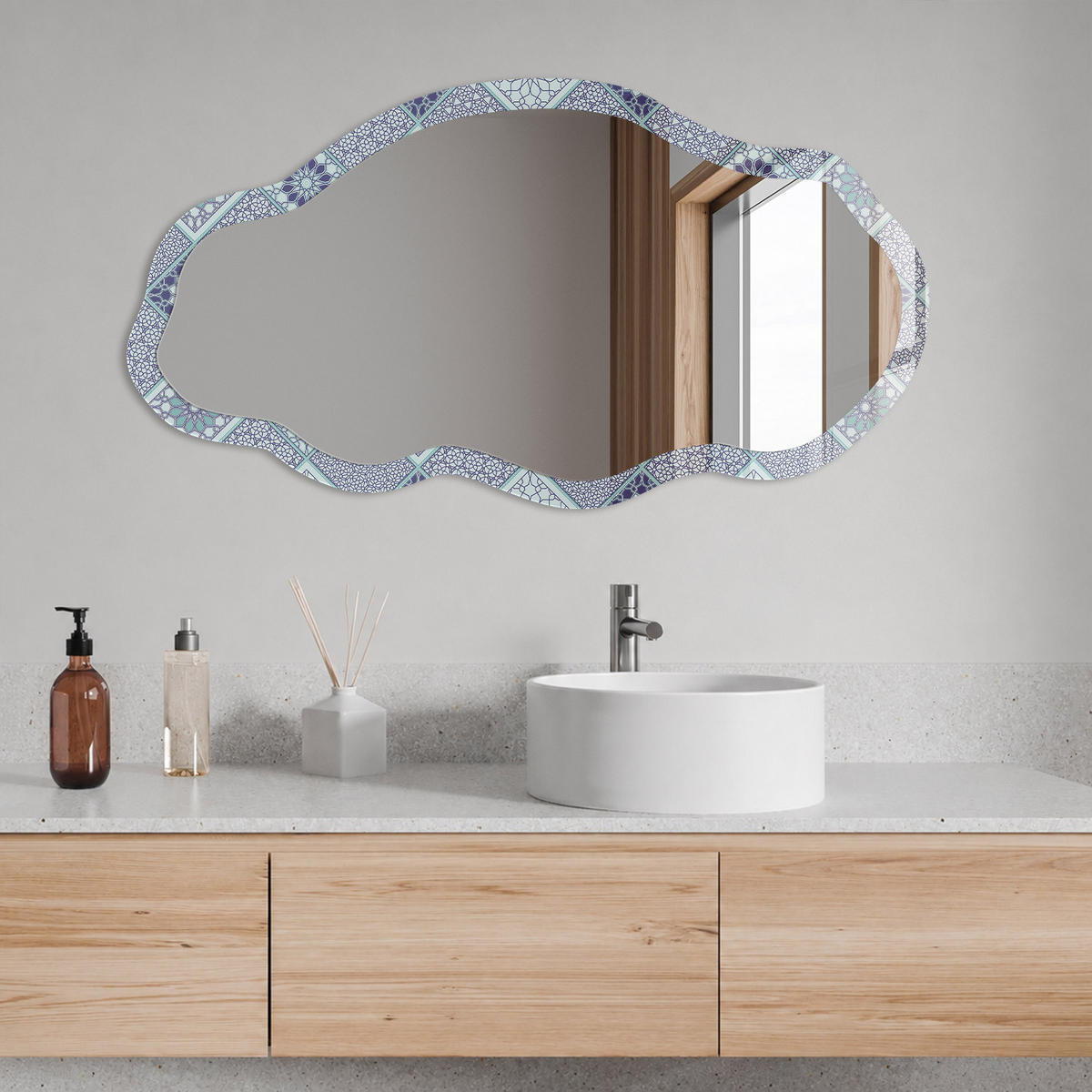 SPIEGEL 90x45 cm asymmetrisch mit Druck - Geometrisches Muster - Transparent, Glas (45/90/0.4cm) - TULUP