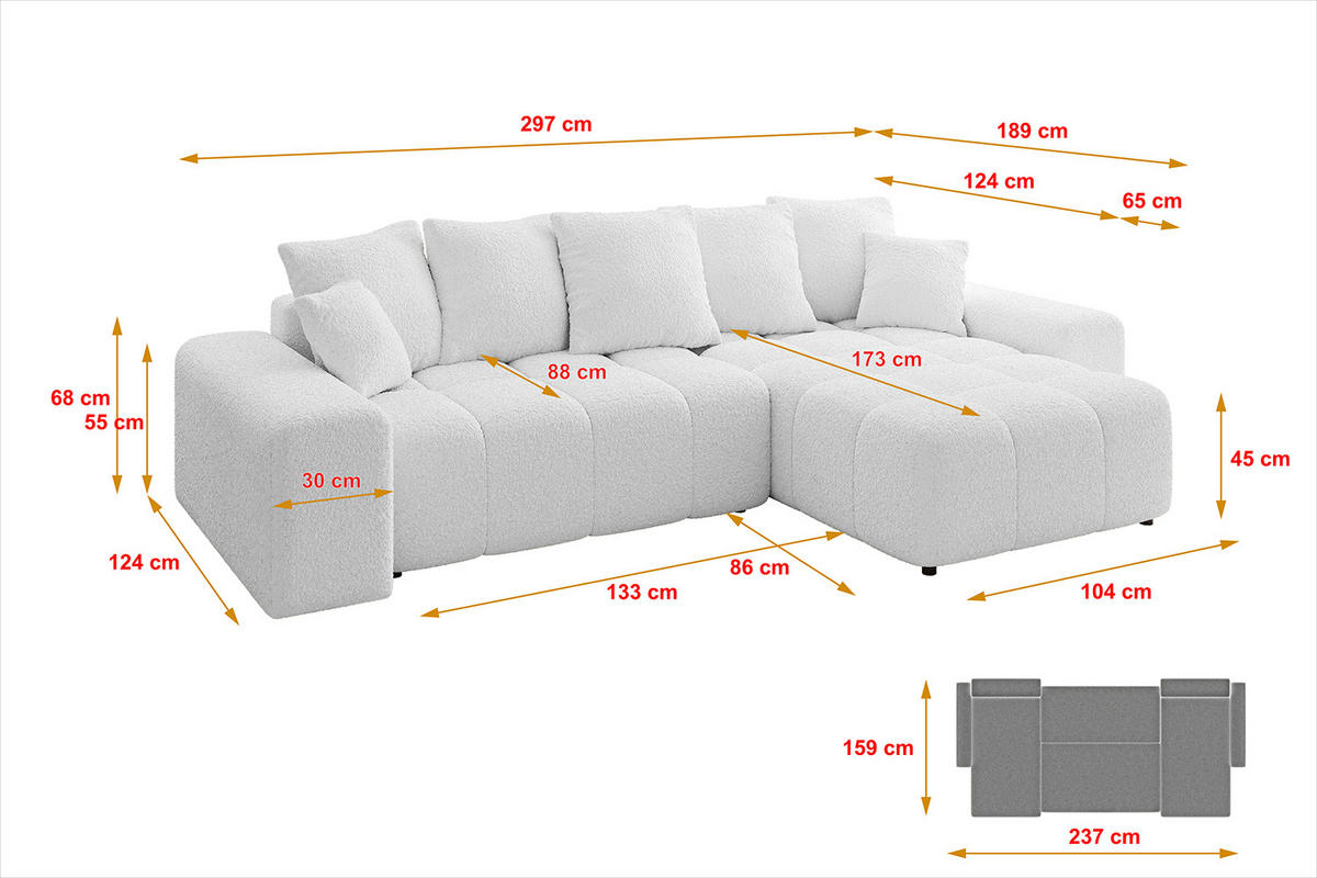 ECKSOFA Ottomane rechts ENIL-L 297x189x68 Weiß Bouclé - Weiß, Holzwerkstoff/Kunststoff (189/297cm) - ALTDECOR