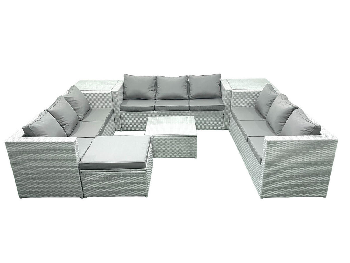 GARTENMÖBELSET mit 3-SITZER SOFA,COUCHTISCH Polyrattan Hellgrau-Mix 10-Sitzer - Hellgrau/Grau, Glas/Kunststoff - Fimous