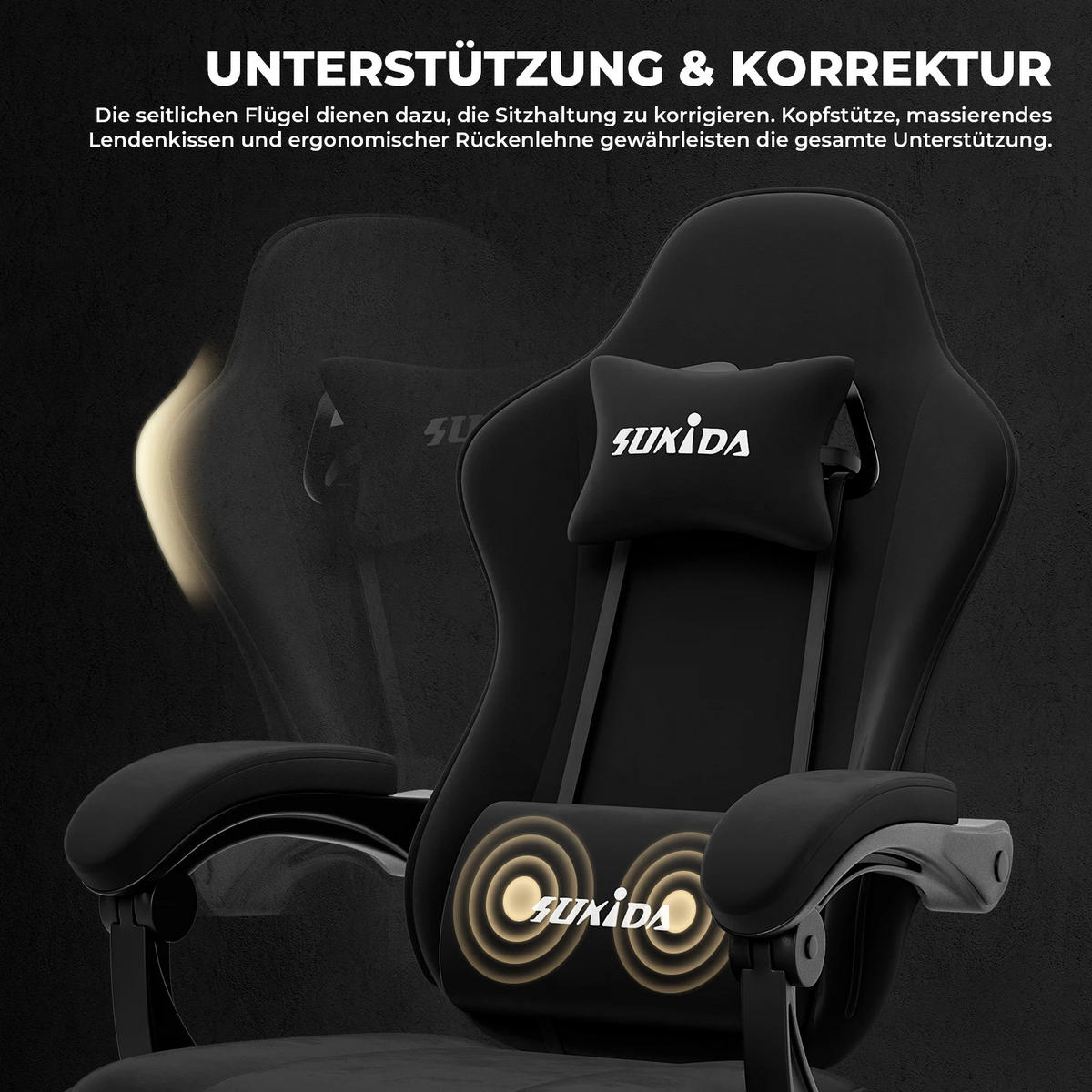 GAMINGSTUHL mit Fußstütze & Lendenkissen Ergonomisch Schwarz - Schwarz, Metall (62.2/180/48.3cm) - Kaket