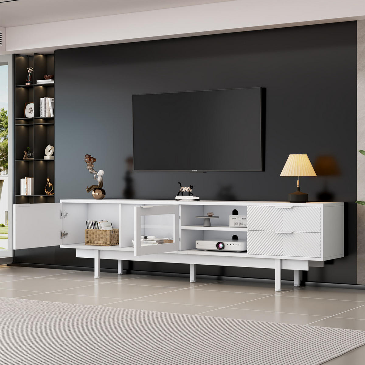 TV-SCHRANK 200x40cm Modern Weiß 2 Türen 2 Schubladen Stauraum bis 80 Zoll - Weiß, Holz (46.02/19.3/71.12cm) - FLIEKS