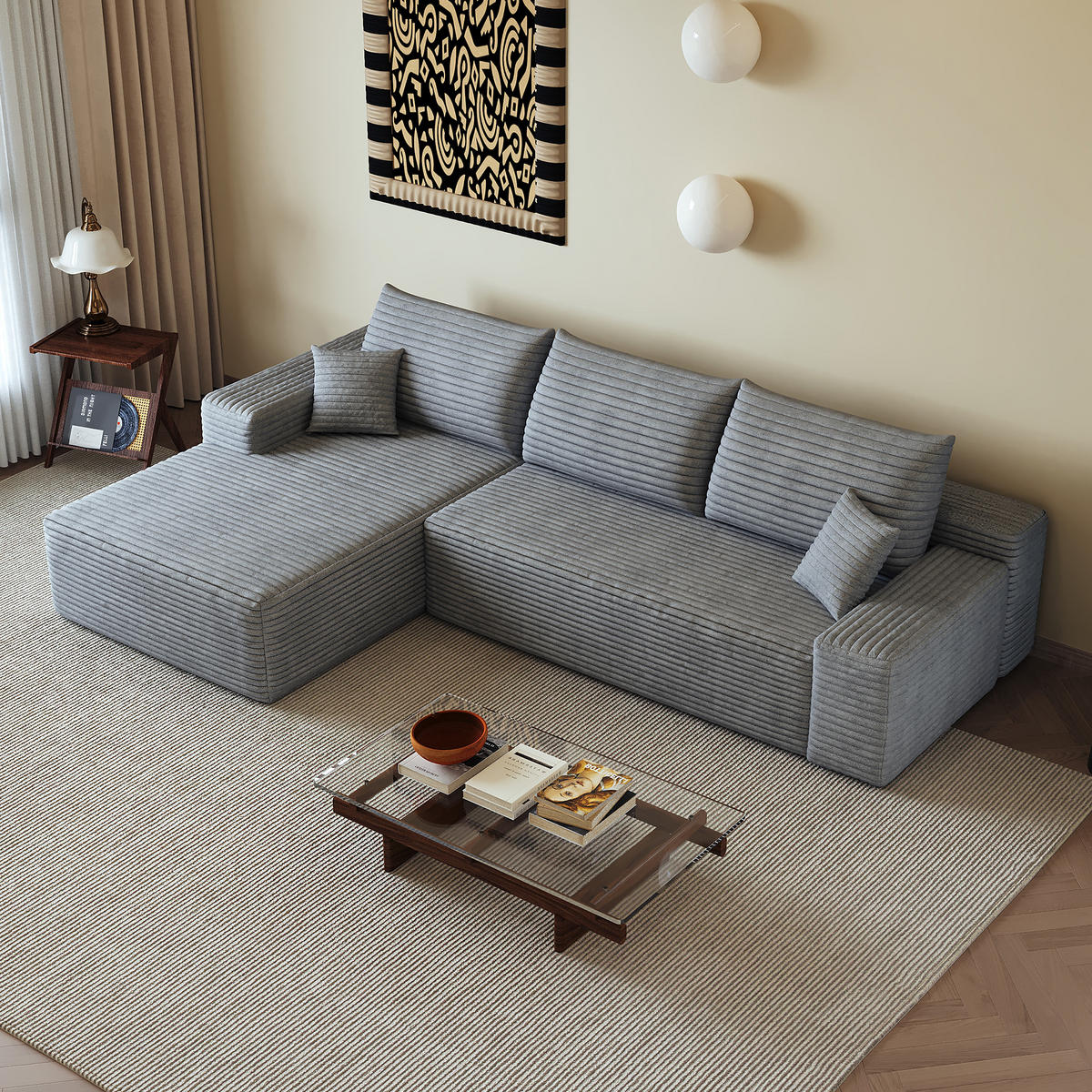 ECKSOFA 270/175/83 cm Grau Cord mit Chaiselongue, Linke Seite - Grau, Textil (270/175cm) - Oxeza