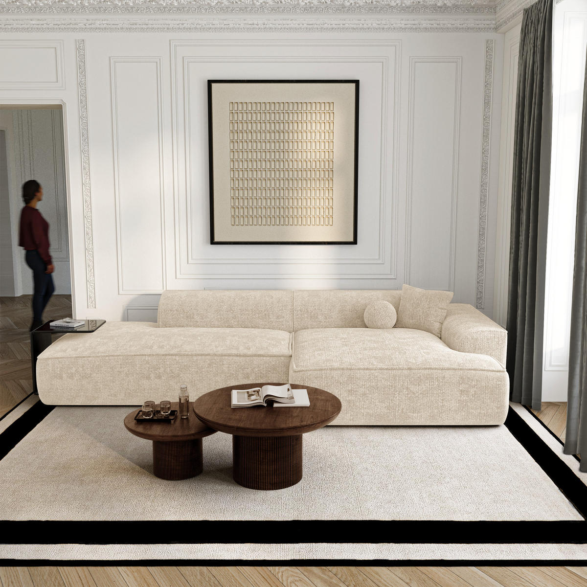 ECKSOFA rechtwinklig HANA Strickvelours Creme 300cm - Creme, Textil (300/155cm) - Premium Interiors