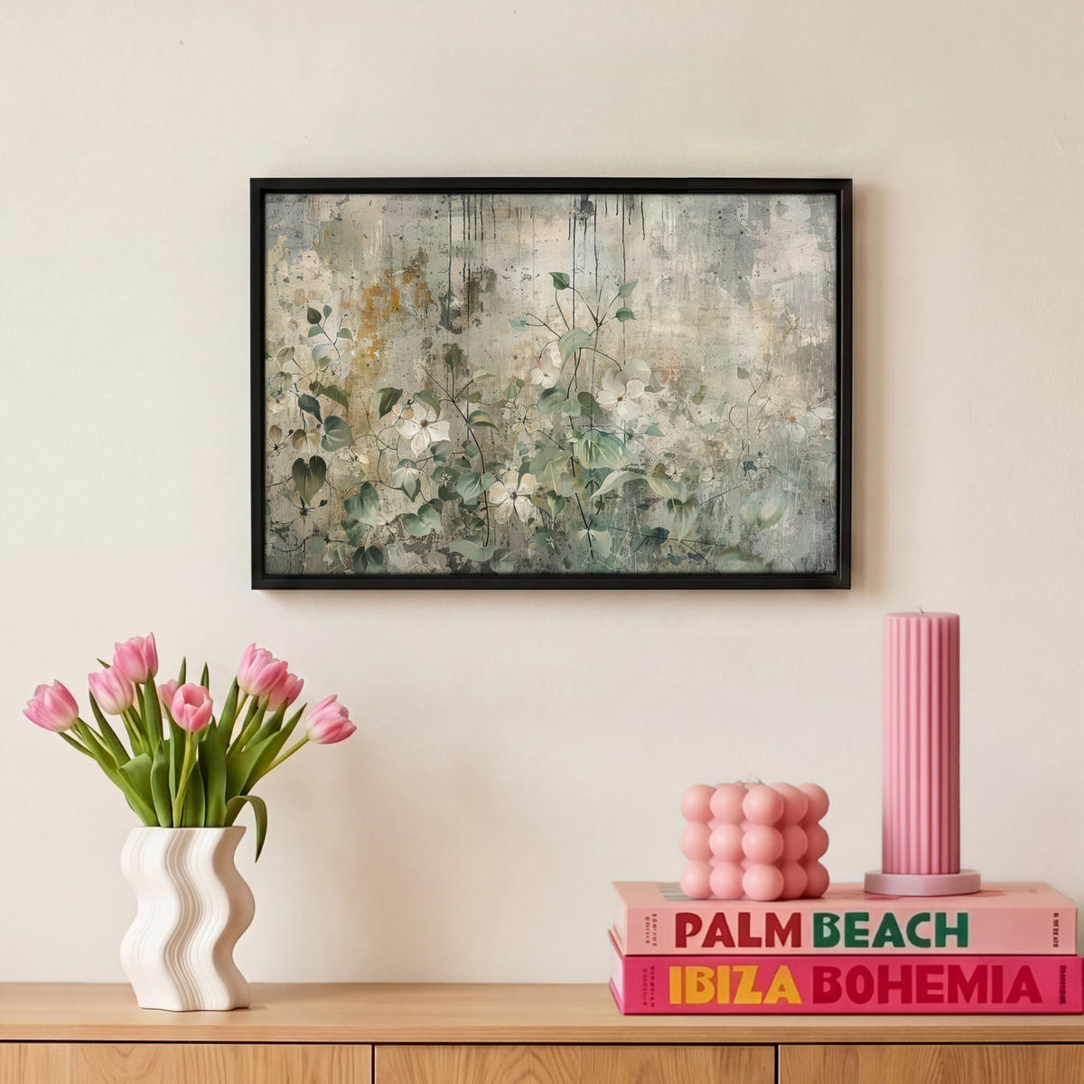 LEINWAND Bilder mit Rahmen - Blumen - Blätter - Abstrakt - Modern - 30x20 - Grau, Textil (30/20cm) - MuchoWow