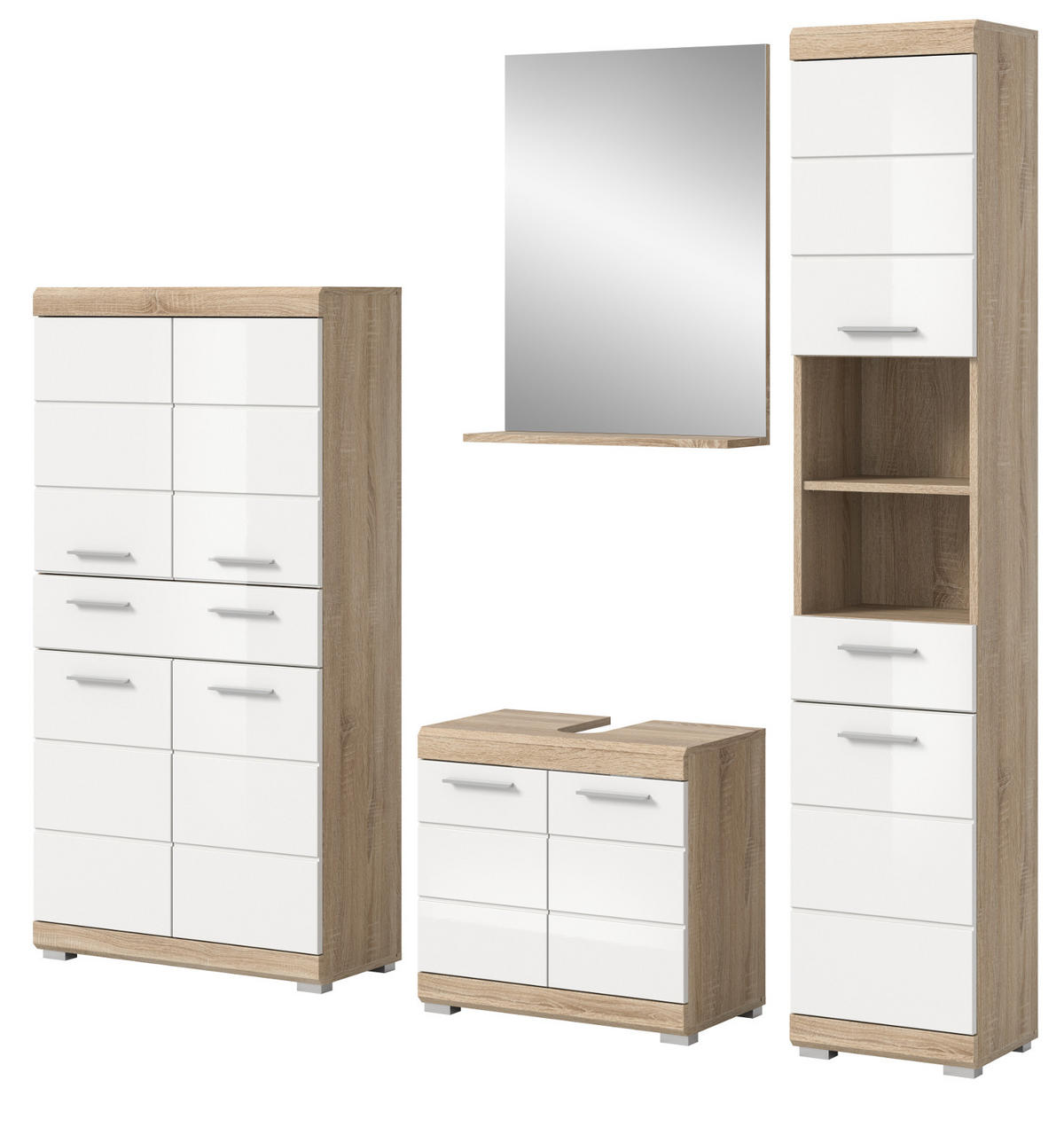 BADMÖBEL-SET weiß Hochglanz, Eiche 4-teilig 186 cm, viel Stauraum - Weiß Hochglanz/Eichefarben, Holzwerkstoff (186/191/34cm) - Inn.Furn