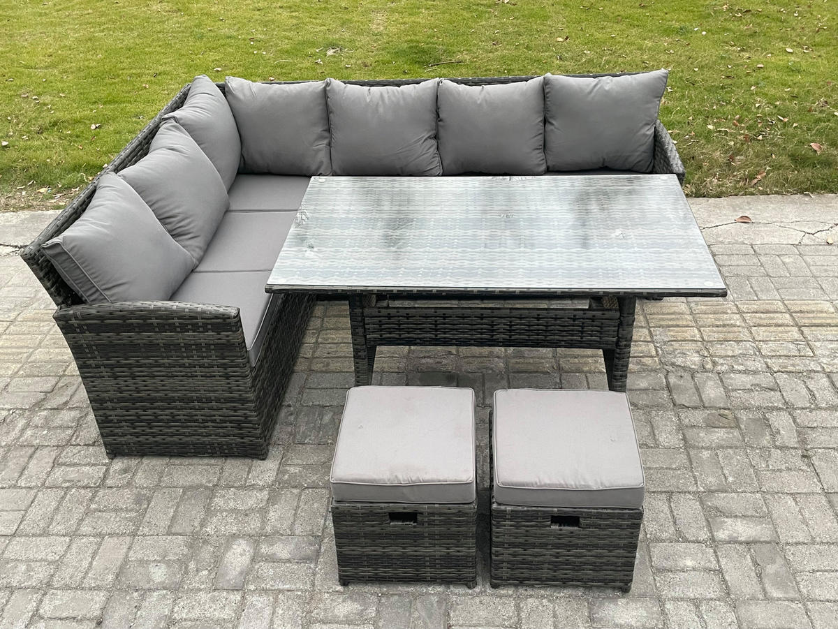 SITZGRUPPE mit Esstisch Polyrattan Dunkelgrau 8-Sitzer - Dunkelgrau/Grau, Glas/Kunststoff - Fimous