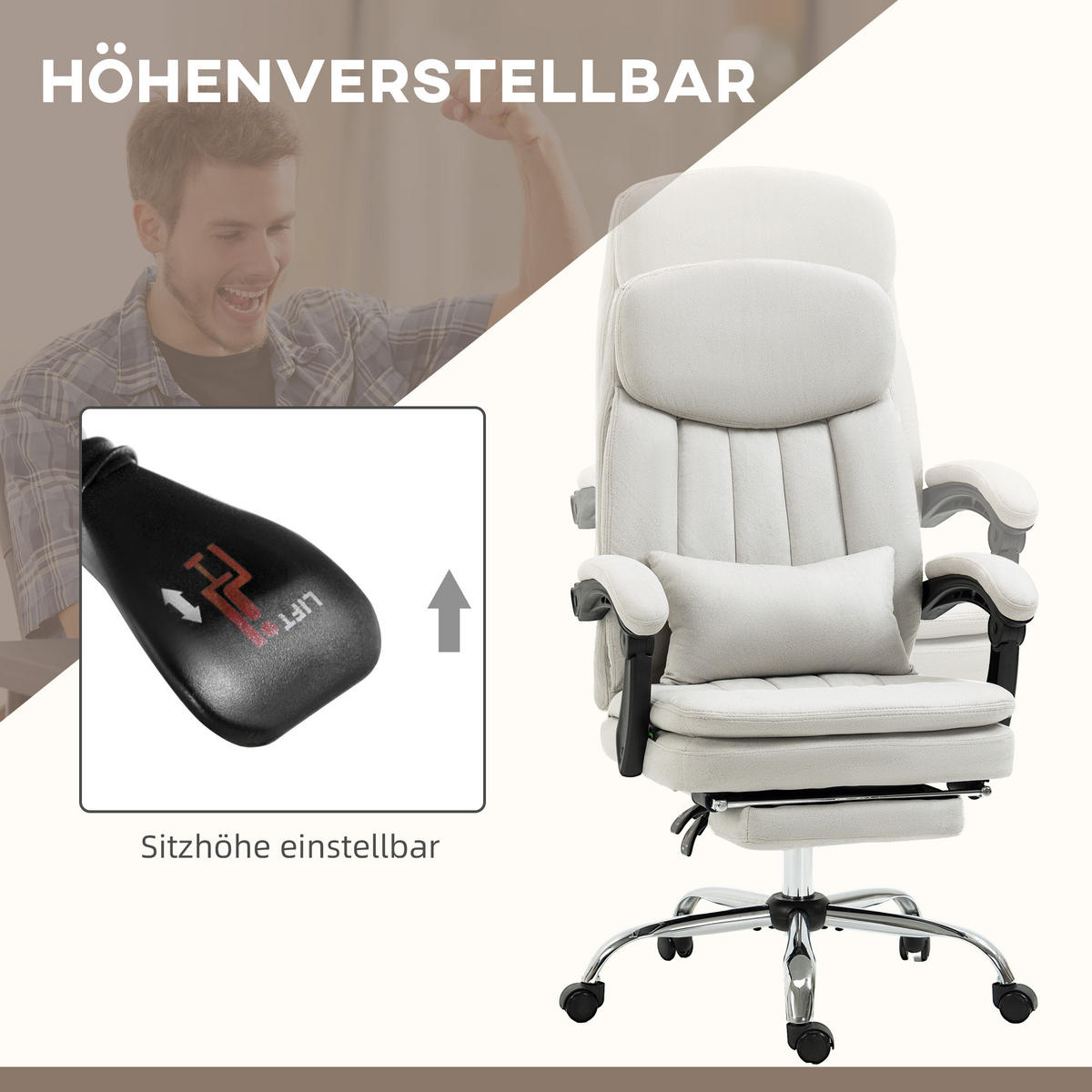 BÜROSTUHL mit Massagefunktion, Creme - Weiß, Kunststoff (67/118/66cm) - Vinsetto