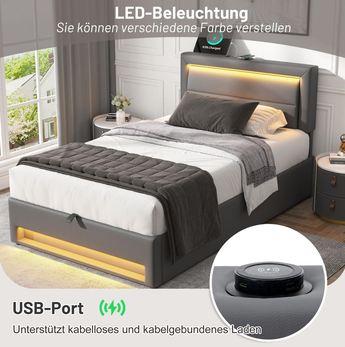 POLSTERBETT 90/190 cm Grau aus PU mit Stauraum, LED-Beleuchtung und USB - Grau, Kunststoff (90/190cm) - Flora Grace