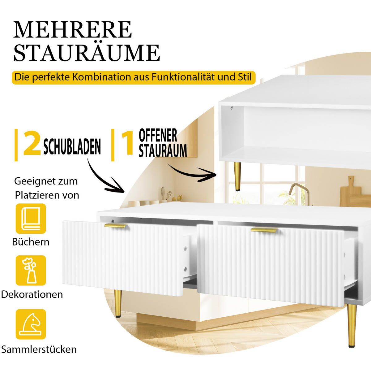 COUCHTISCH 100/50/40 cm Weiß/Gold aus MDF mit 2 Schubladen - Weiß, Holzwerkstoff (100/50/40cm) - OKWISH