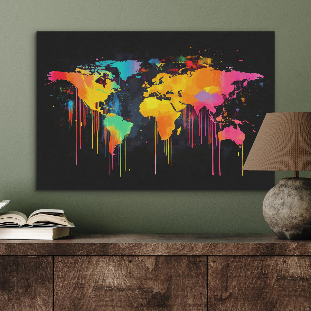 AKUSTIKBILD Weltkarte - Farbe - Bunt - Graffiti - Welt Wanddeko 70x50 cm - Multicolor, Kunststoff (70/50/0.9cm) - MuchoWow