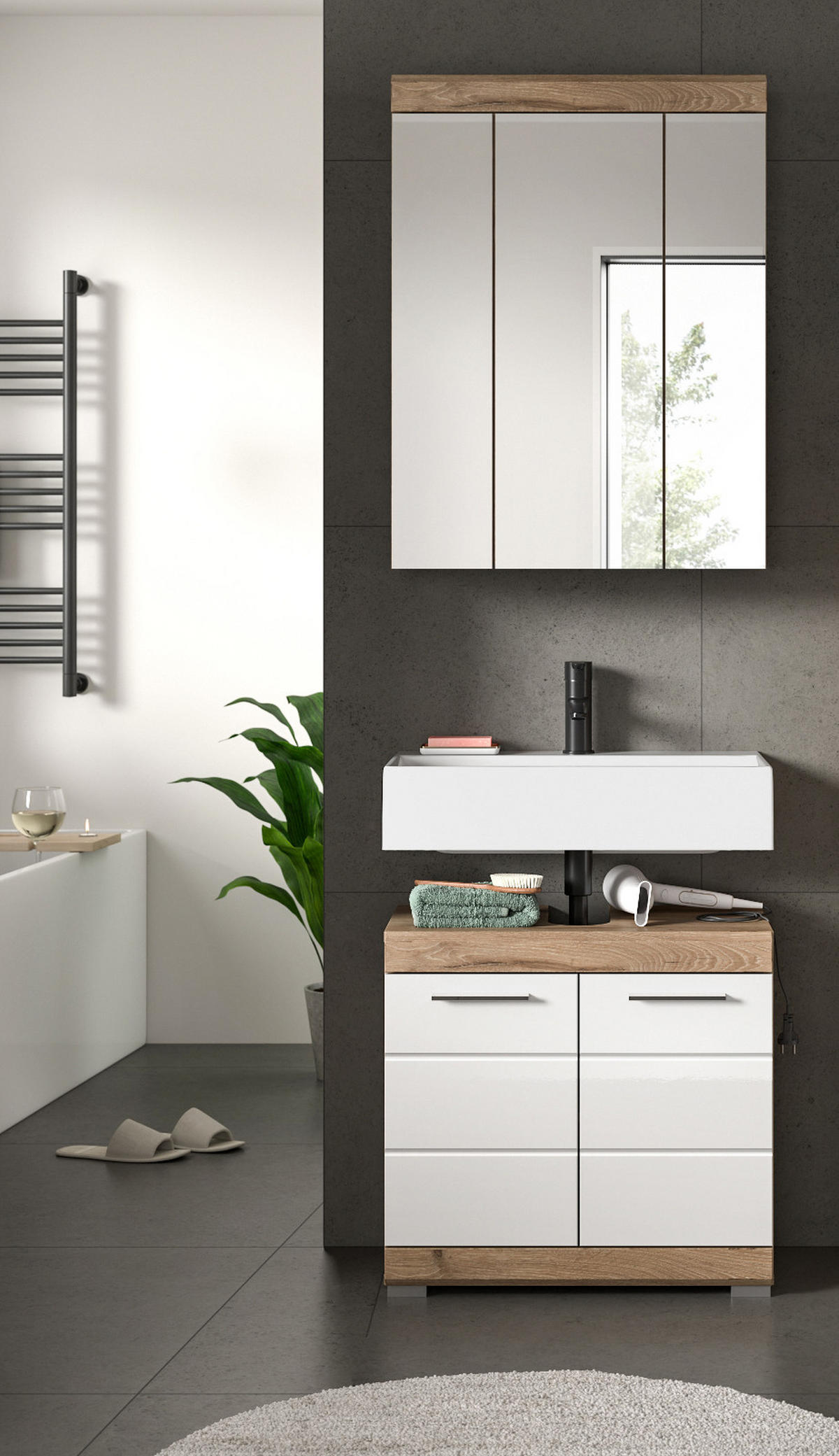 BADMÖBEL-SET weiß Hochglanz, Eiche 2-teilig 60 cm mit viel Stauraum - Weiß Hochglanz/Eichefarben, Glas/Holzwerkstoff (60/191/34cm) - Inn.Furn