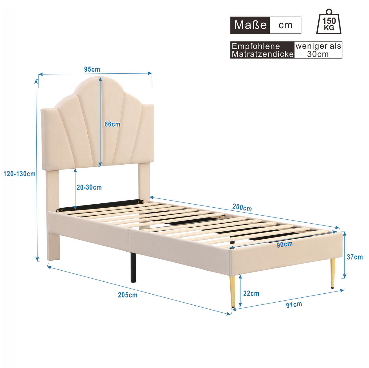 KINDERBETT 90/200 cm aus Samt in Beige mit verstellbarem Kopfteil - Beige, Textil (90/200cm) - Flora Grace
