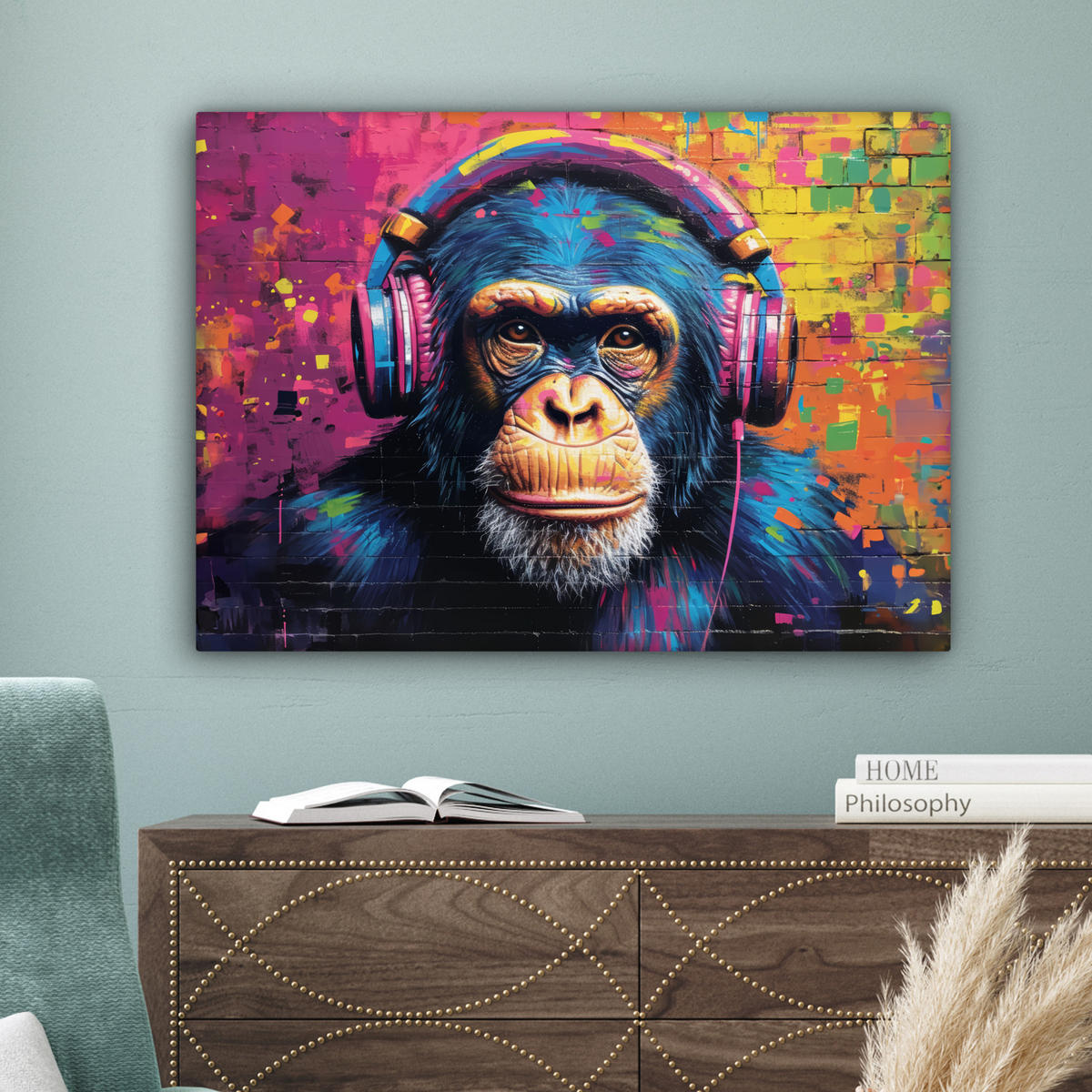 LEINWANDBILD Graffiti - Schimpanse - Straßenkunst - Kopfhörer - Affe Wandbilder 80x60 cm - Blau, Textil (80/60cm) - MuchoWow