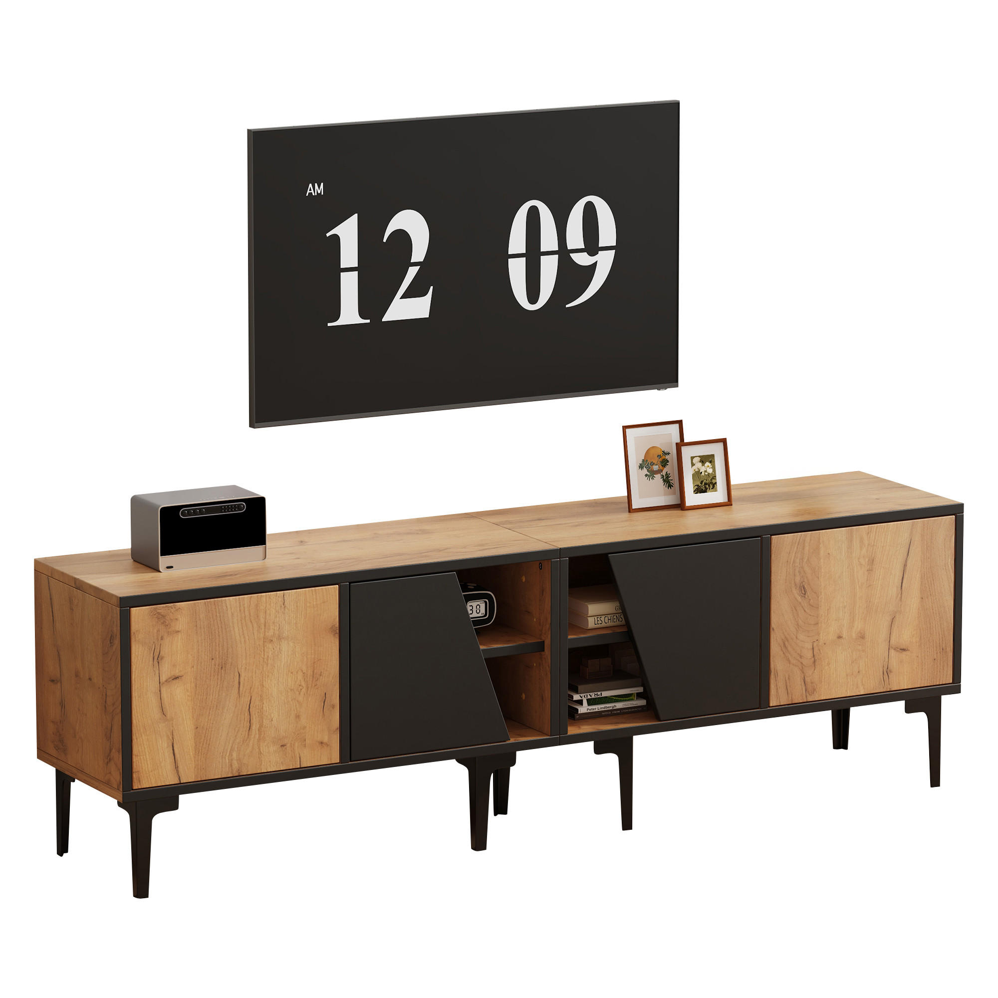 STILVORA TV SKŘÍŇKA v přírodní barvě se 4 přihrádkami a 7 podpěrnými nohami pro 65" televizi, Š160/H36,5/V45 cm