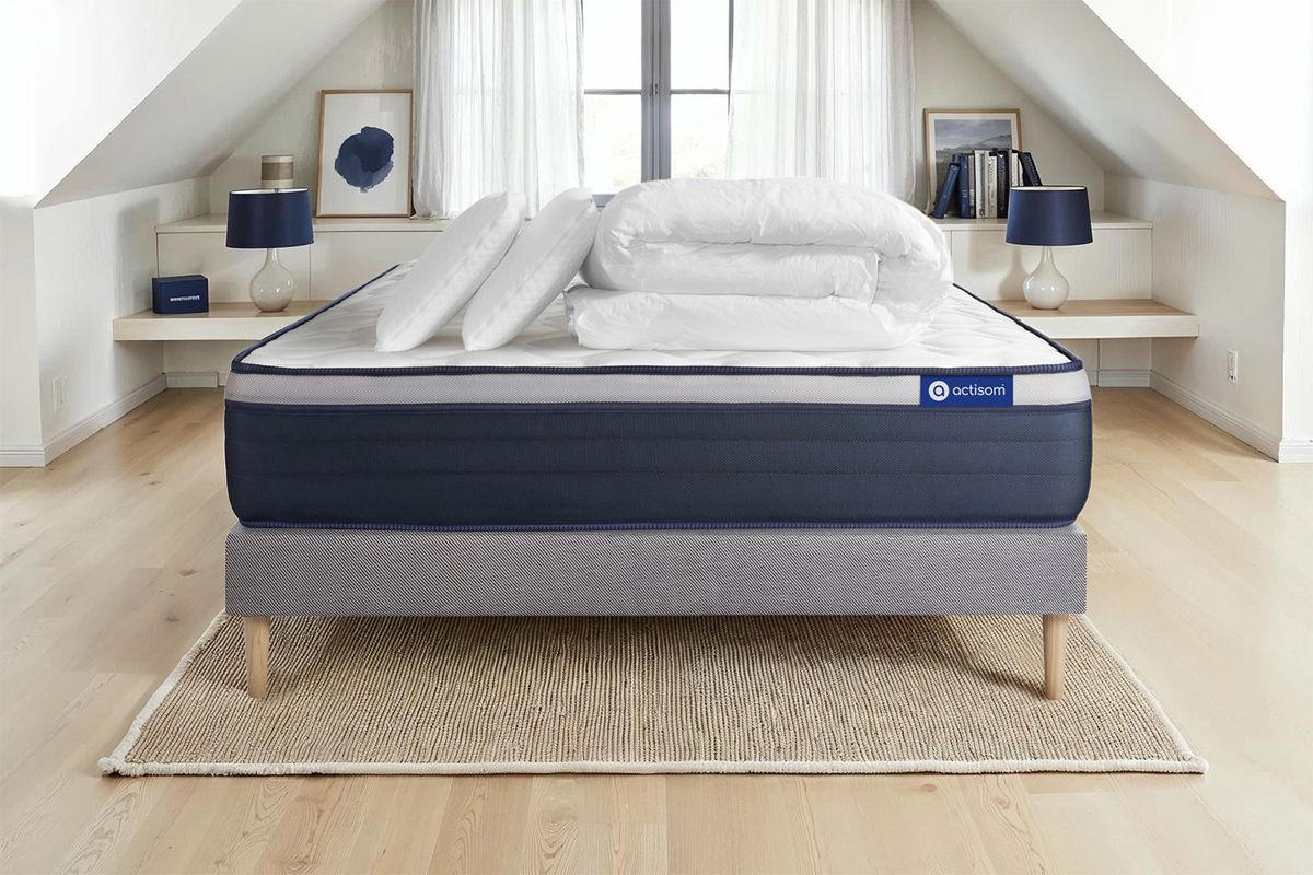 BETT Actiflex max Taschenfederkern und Memory-Schaum 180 x 200 cm h3 - Kit Bettgestell Grau - Mit Kissen und Bettdecke - Beige/Grau, Karton/Holz (180/200cm) - ACTISOM
