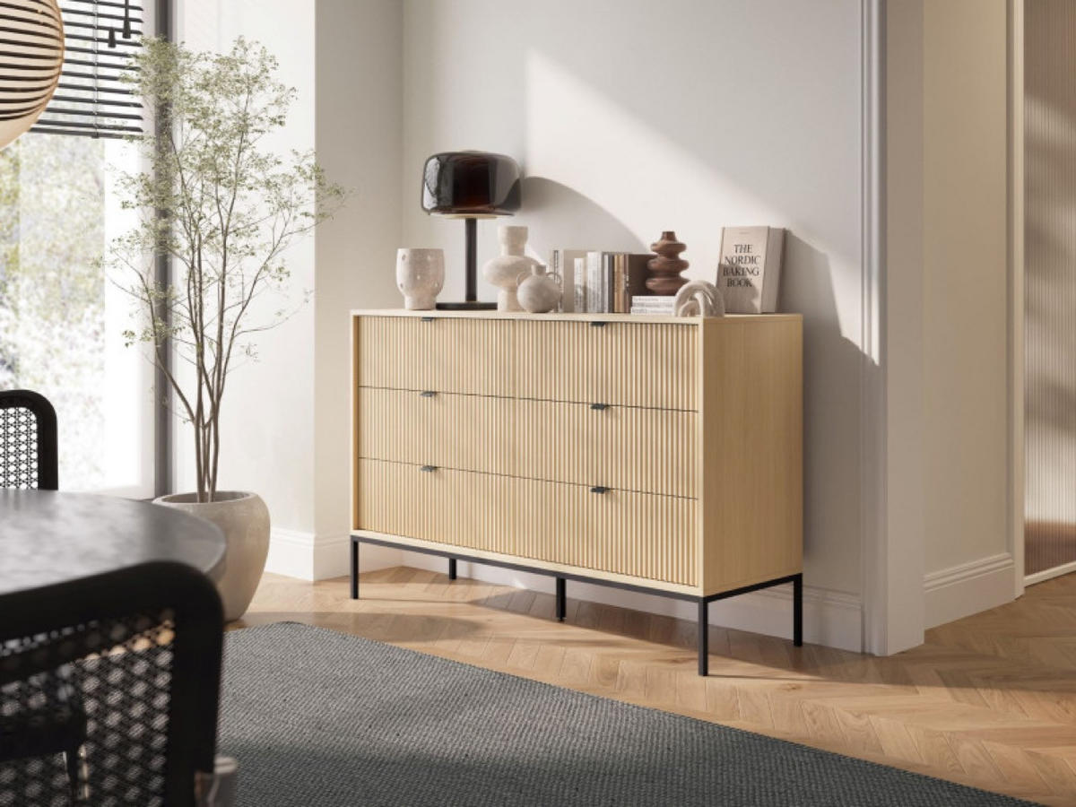 KOMMODE Vicenza Eiche KS154 Geriffelt Schwarze Beine - Beige, Holzwerkstoff (154/91/39cm) - Sepro Meble